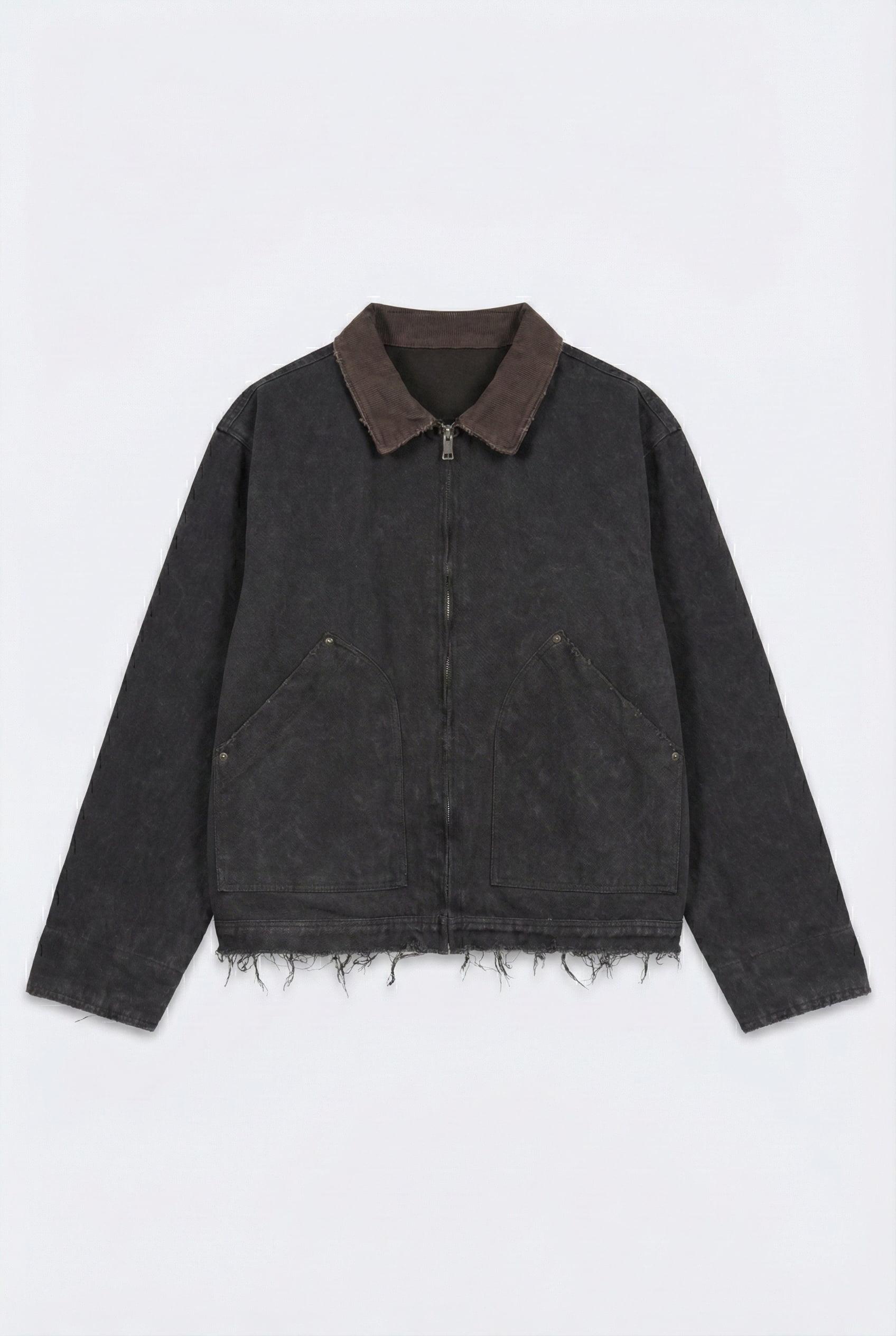 Erkek Kontrast Yaka Yıkamalı Relax Fit Ceket Siyah