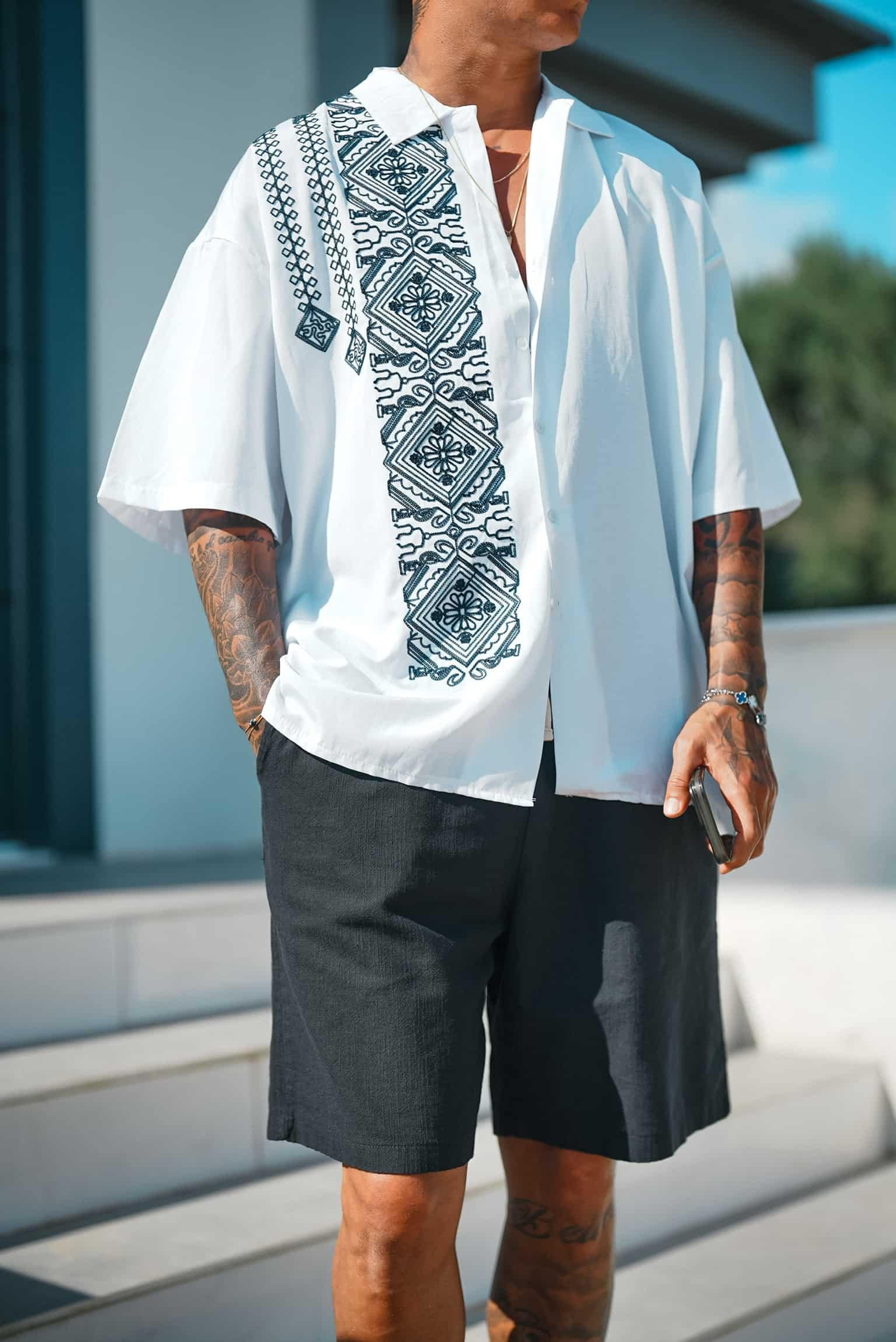 Erkek Nakış Desenli Kısa Kollu Süper Oversize Gömlek Beyaz