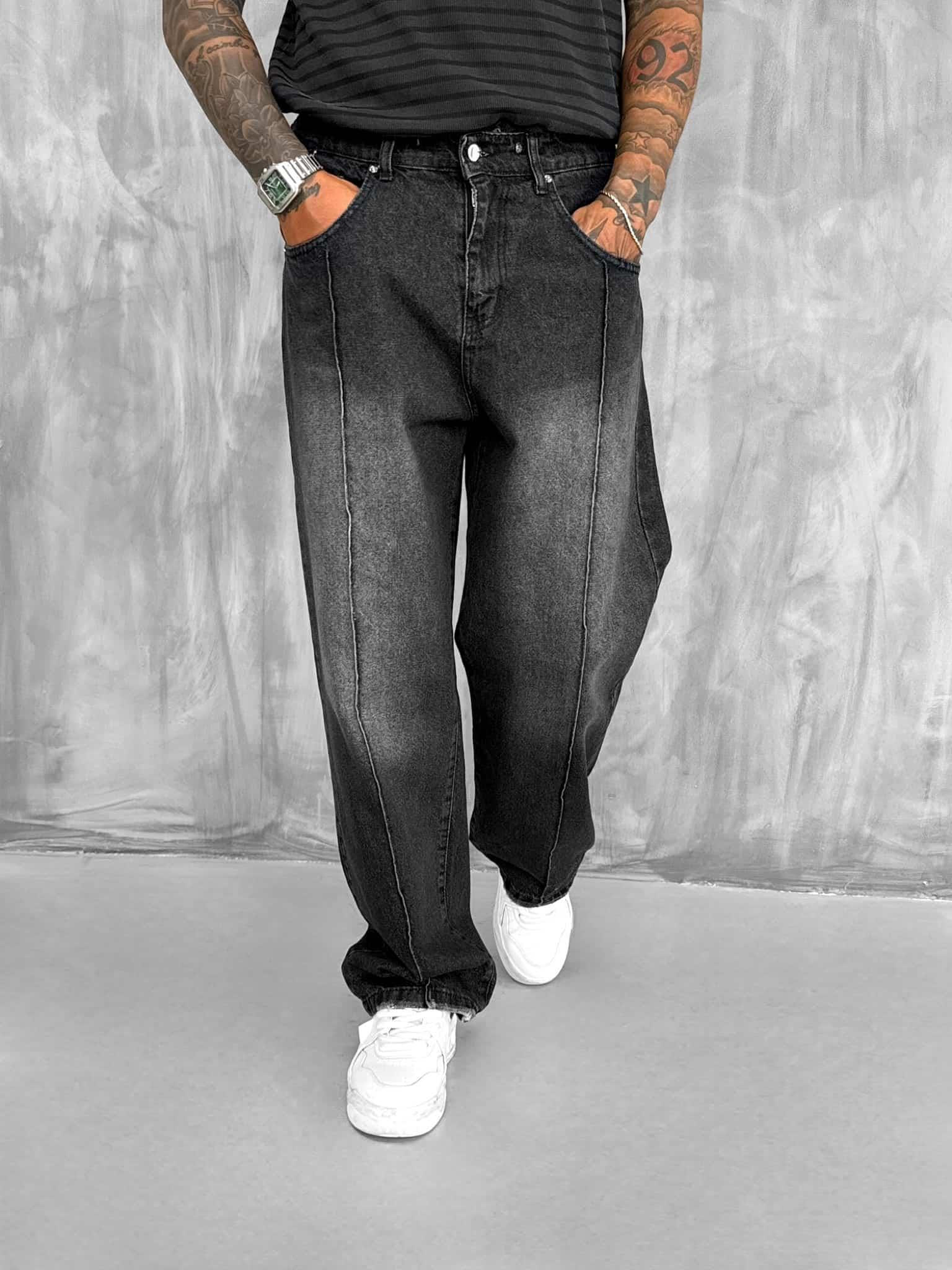 Erkek Ön Dikiş Detaylı Vintage Baggy Jean Siyah · 5