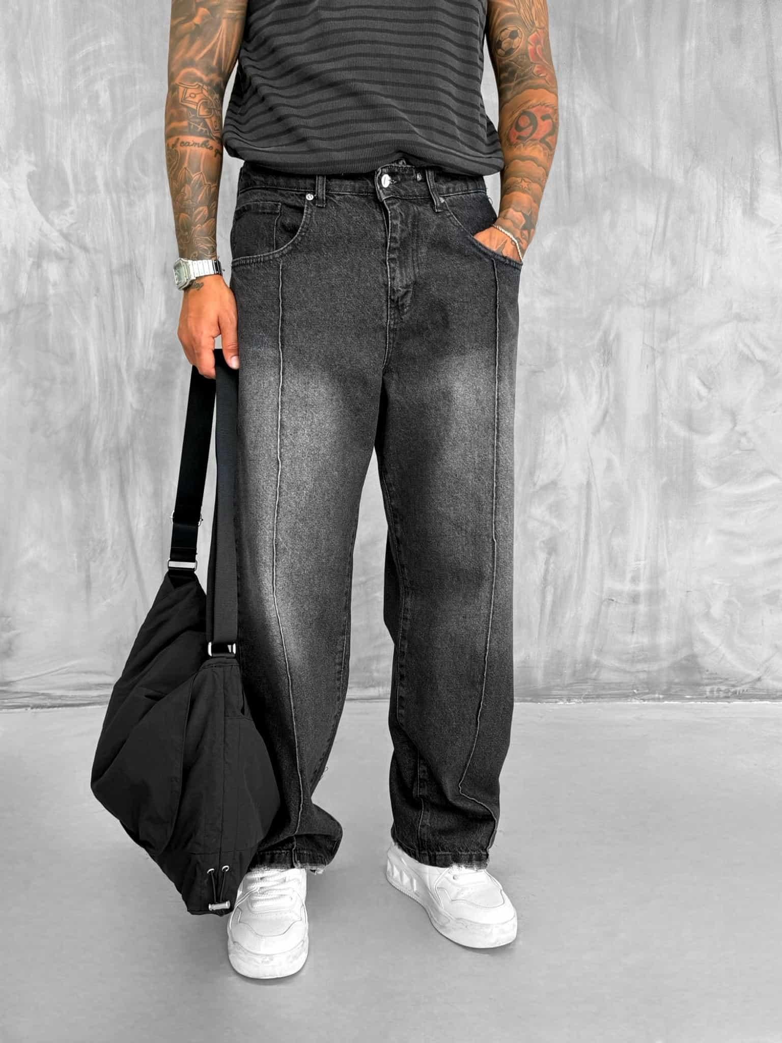 Erkek Ön Dikiş Detaylı Vintage Baggy Jean Siyah