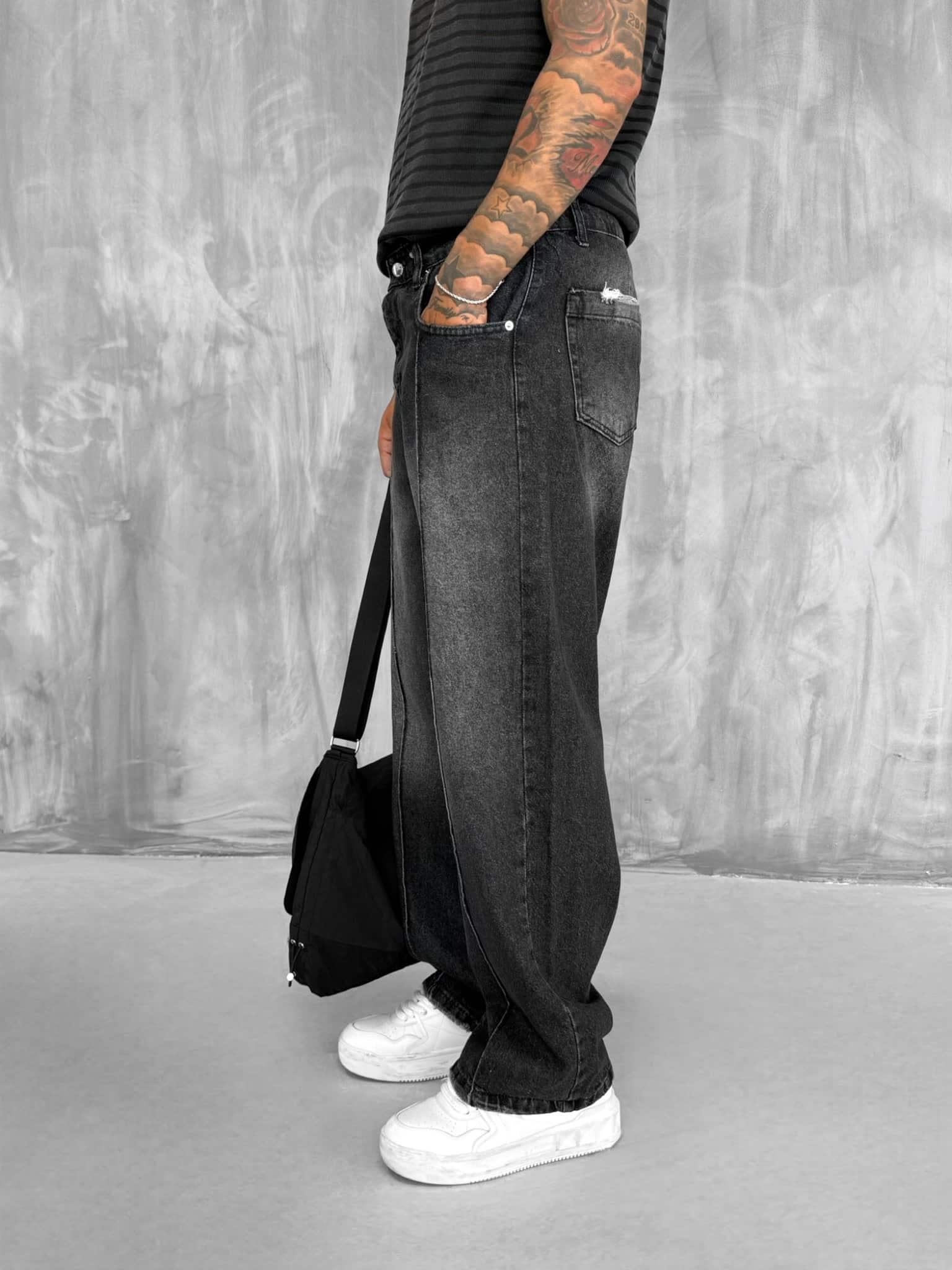 Erkek Ön Dikiş Detaylı Vintage Baggy Jean Siyah · 6