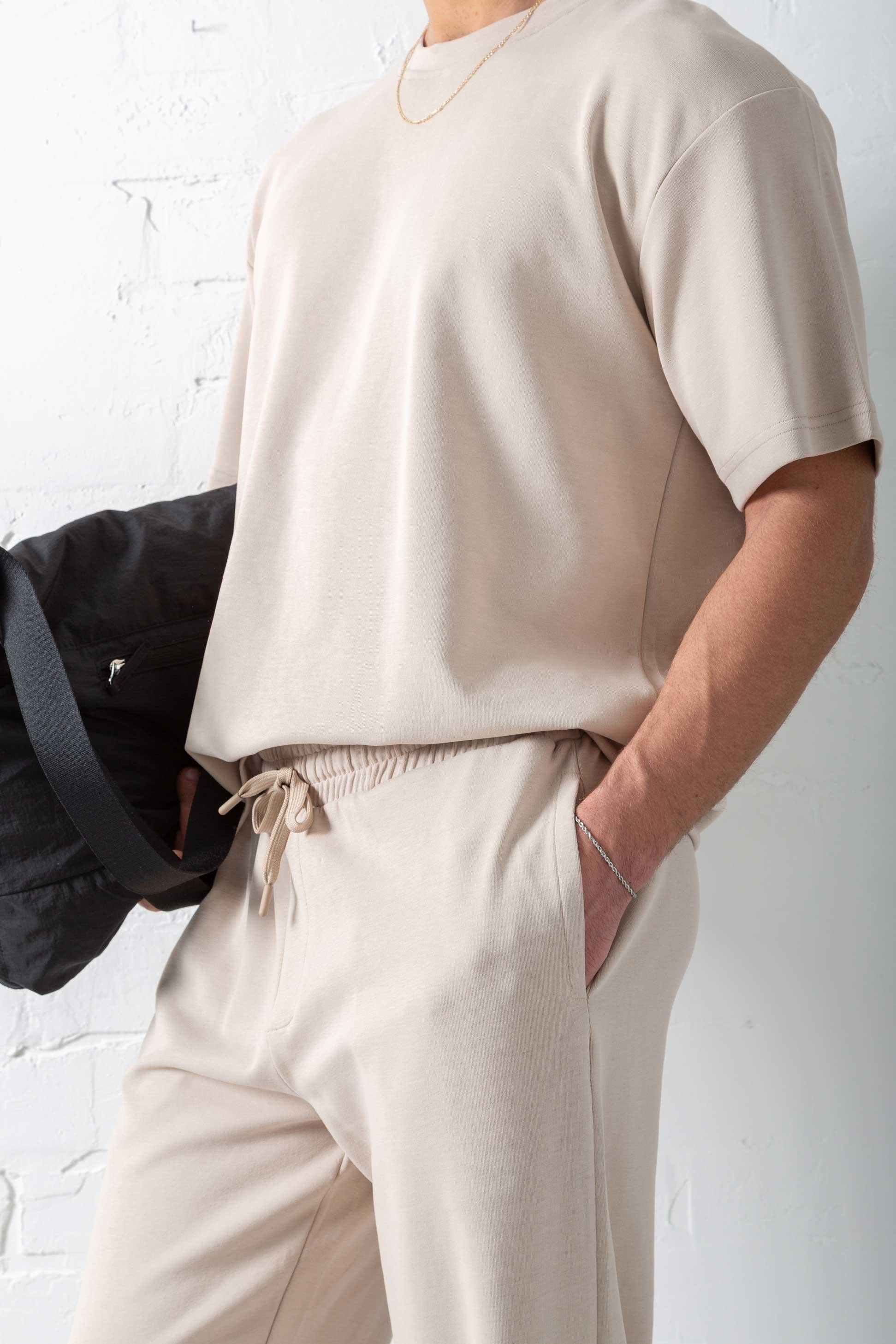 Erkek Oversize Basic Rahat T-Shirt Bej