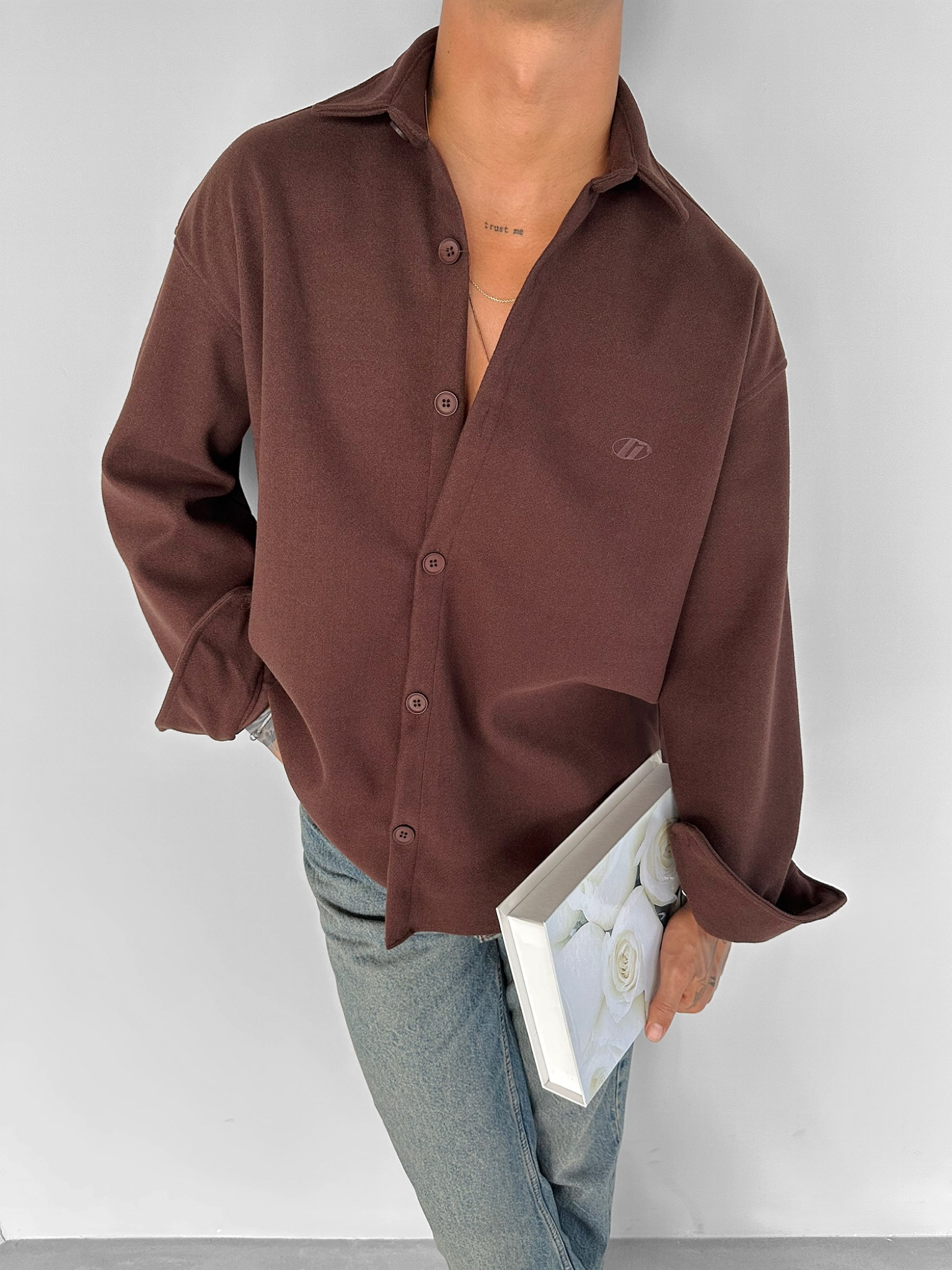 Erkek Oversize Basic Uzun Kollu Kaşe Gömlek Kahverengi · 2