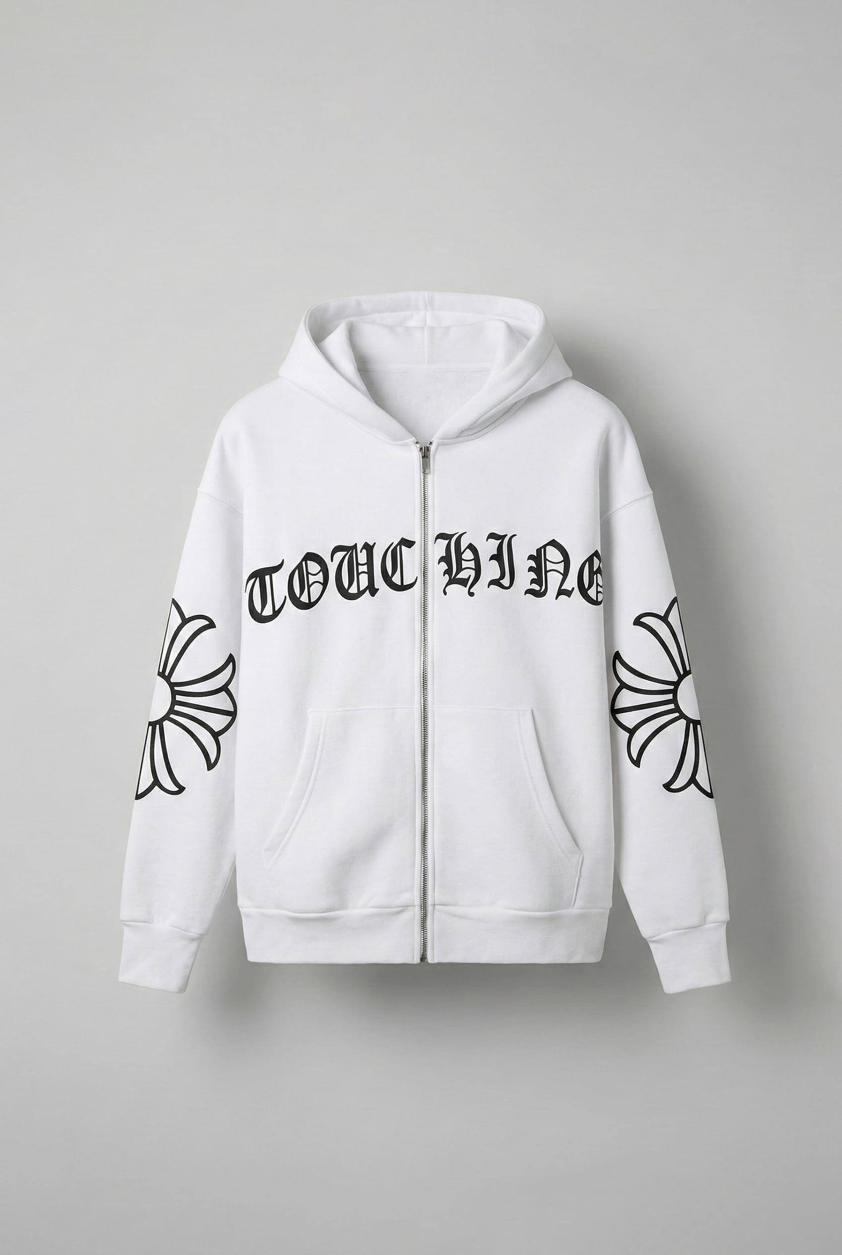 Erkek Oversize Baskılı Kanguru Cepli Fermuarlı Hoodie Beyaz