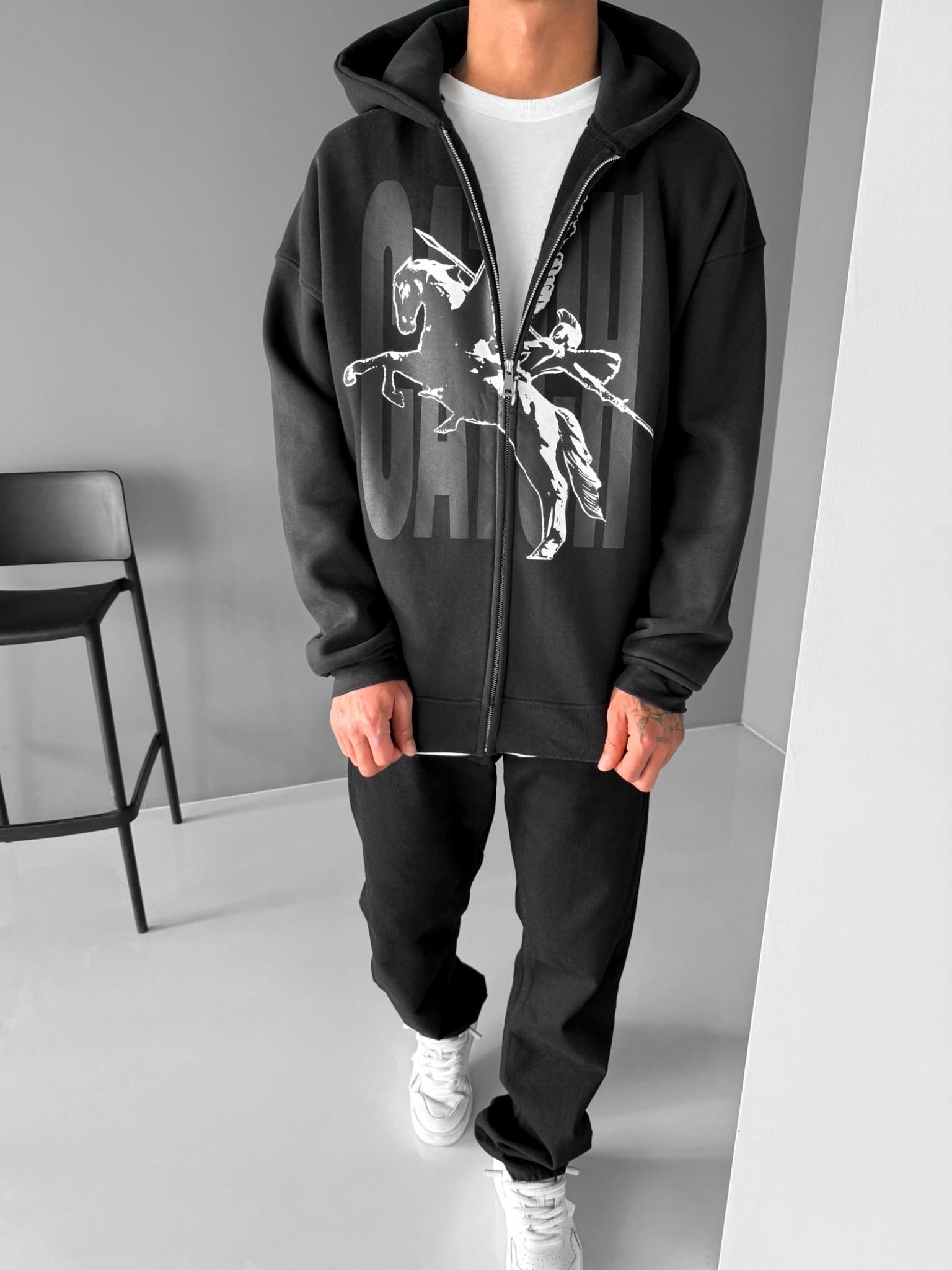 Erkek Oversize Baskılı Kapüşonlu Fermuarlı Sweatshirt Siyah