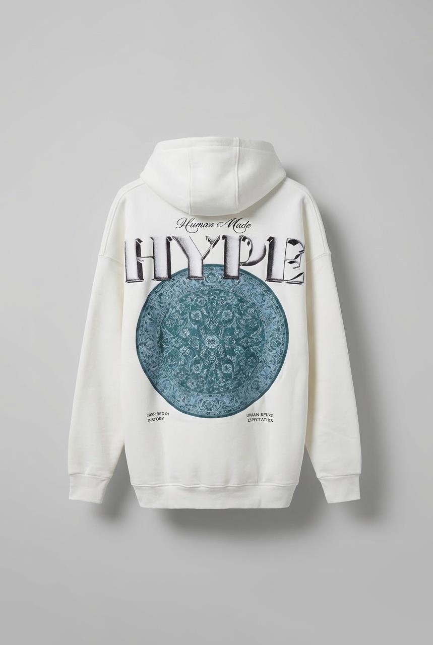 Unisex Oversize Kabartma Baskılı Premium Kalın Kapüşonlu Sweatshirt Ekru