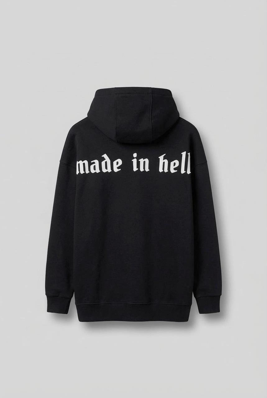 Erkek Oversize Made In Hell Baskılı Premium Hoodie Siyah