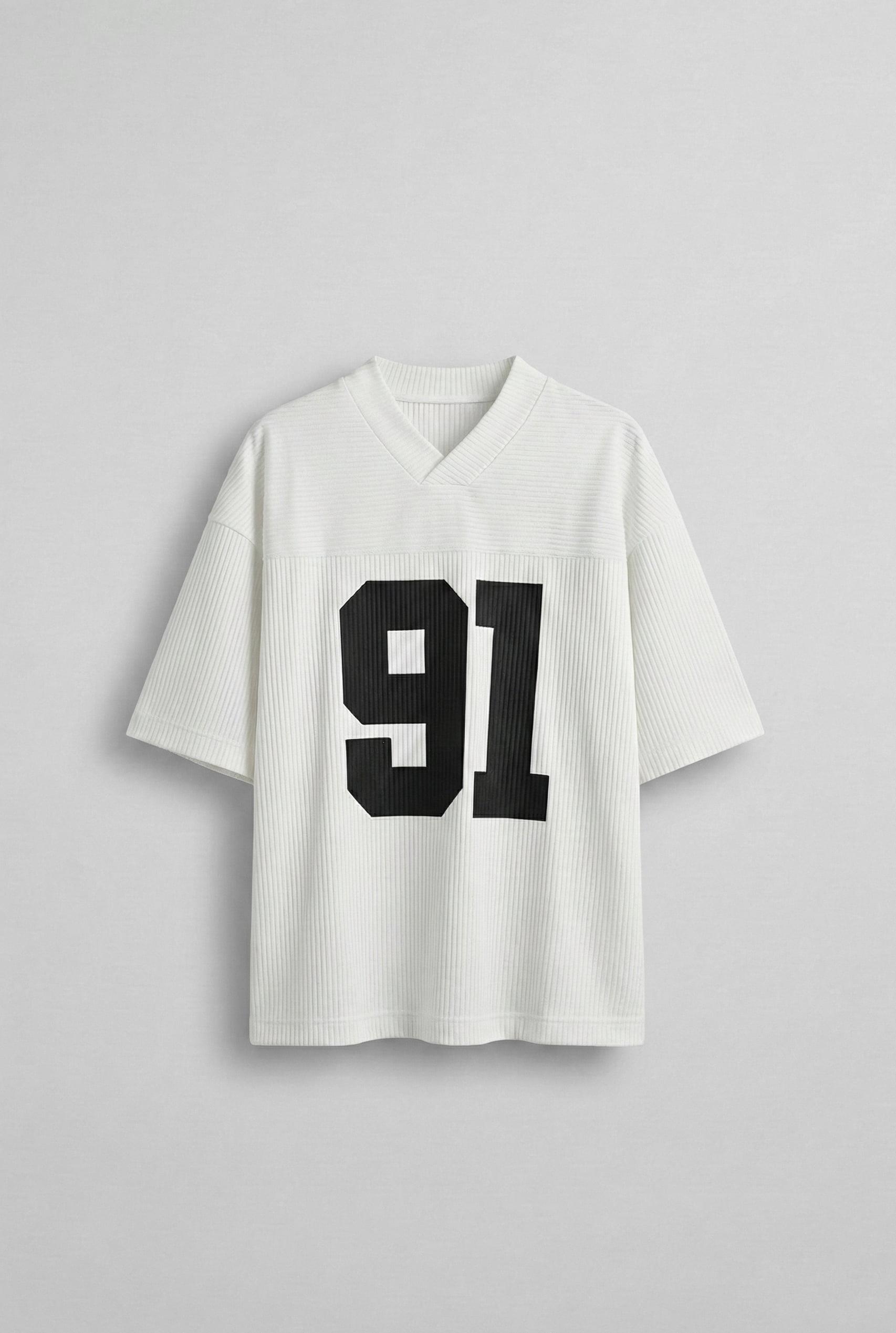 Erkek Oversize Baskılı V Yaka Forma T-Shirt Ekru