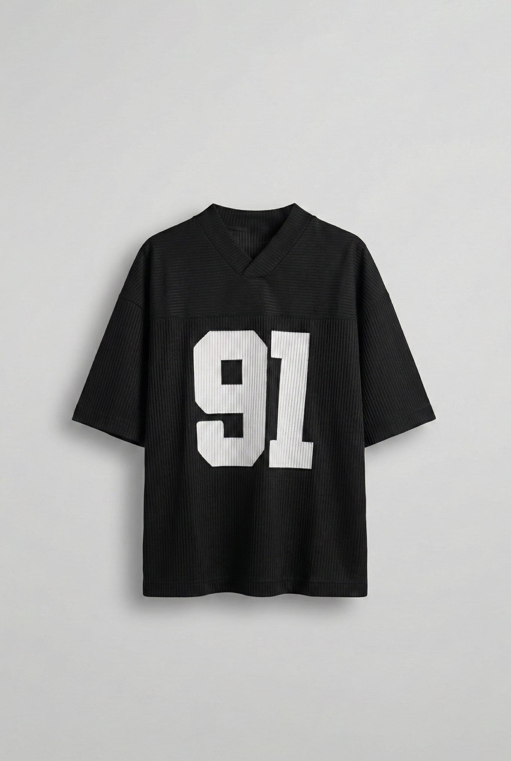 Erkek Oversize Baskılı V Yaka Forma T-Shirt Siyah