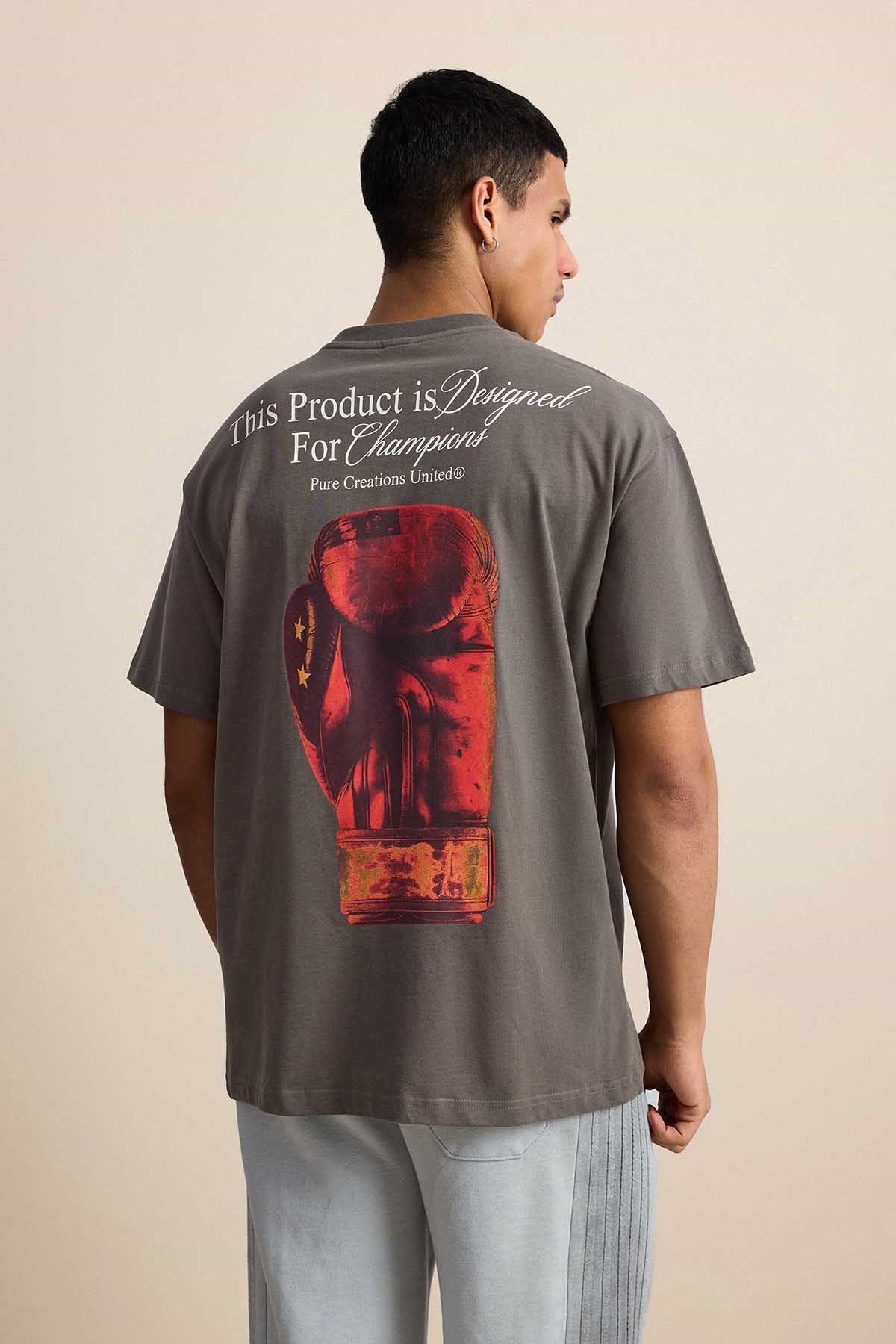 Erkek Oversize Boks Baskılı Antrasit T-Shirt | %100 Pamuk | ABLUKA