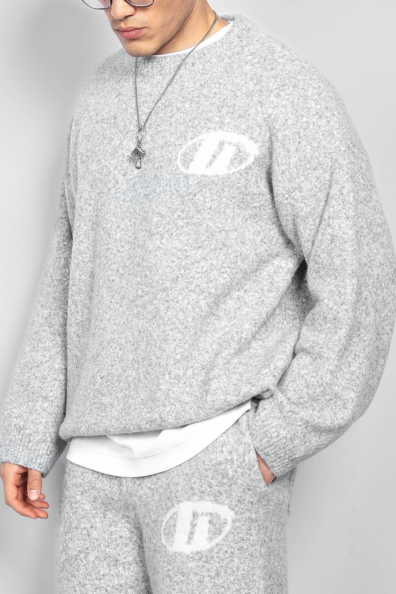 Erkek Oversize Boxy Fit Logo Detaylı Tüylü Kazak Gri