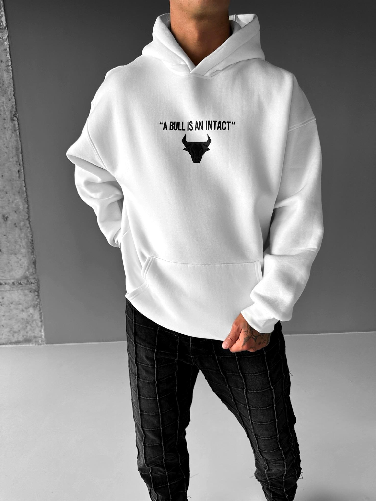 Erkek Oversize Bull Baskılı Hoodie Beyaz