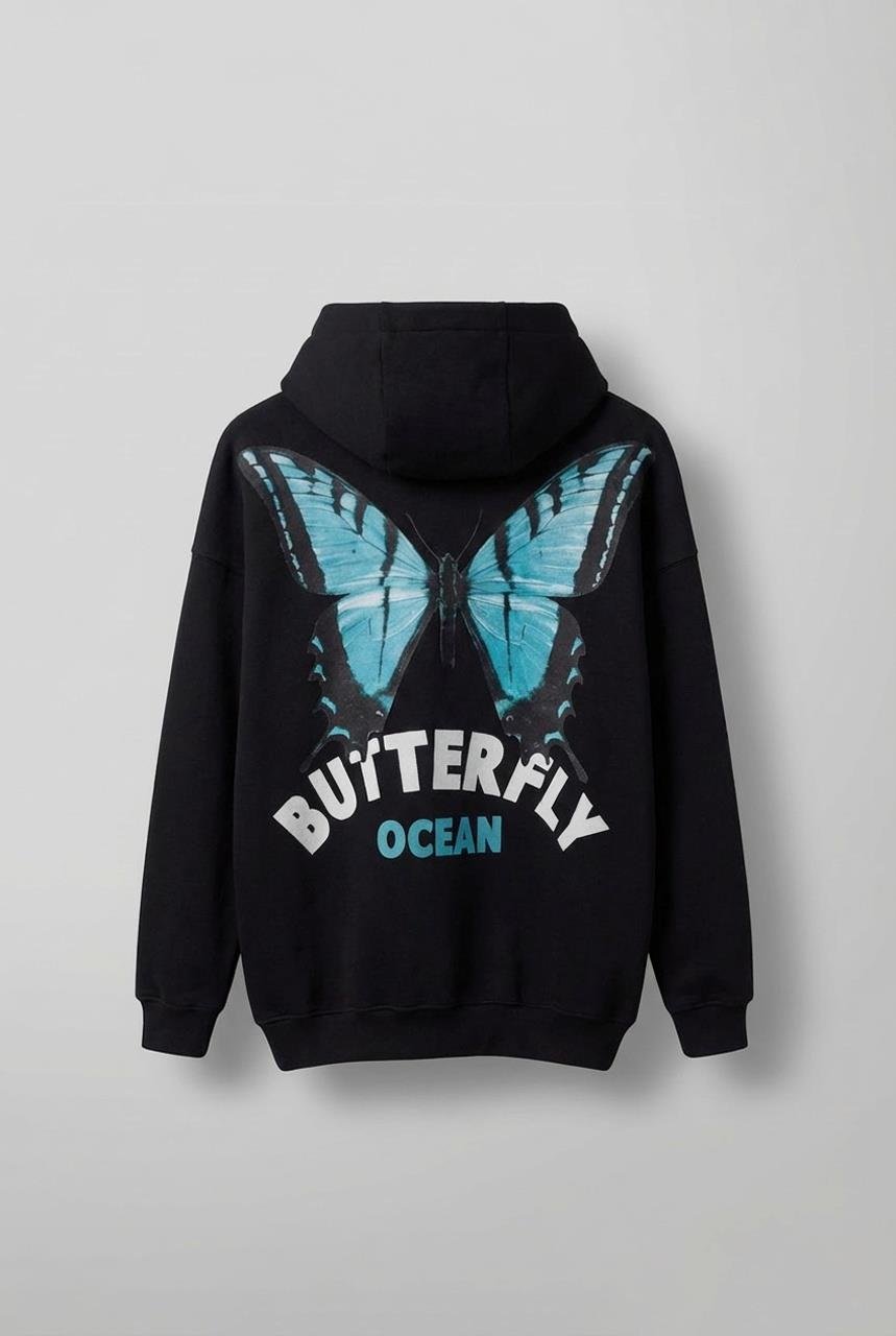 Erkek Oversize Butterfly Baskılı Kapüşonlu Hoodie Siyah