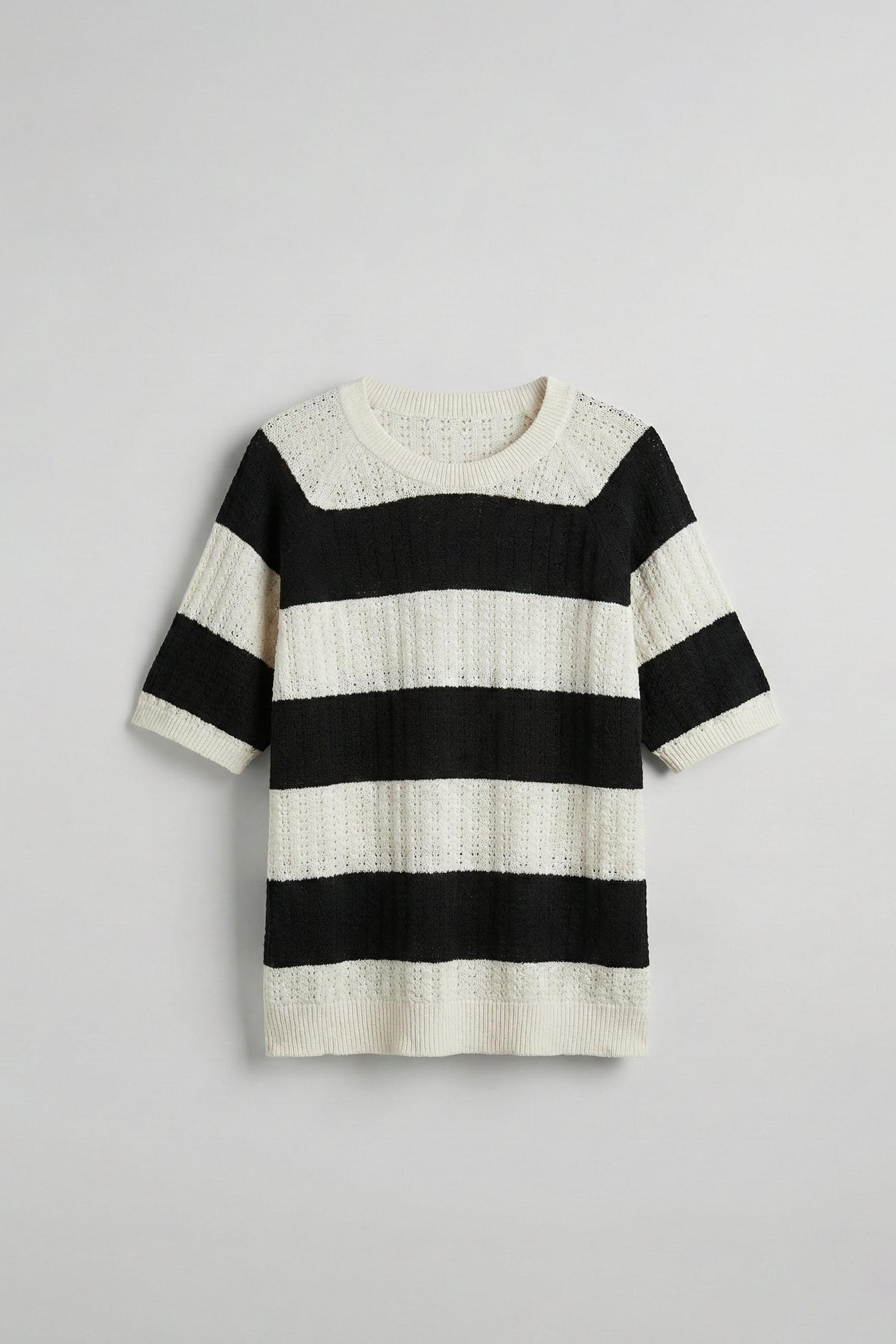 Erkek Oversize Çizgi Desenli Örme Triko T-Shirt Siyah