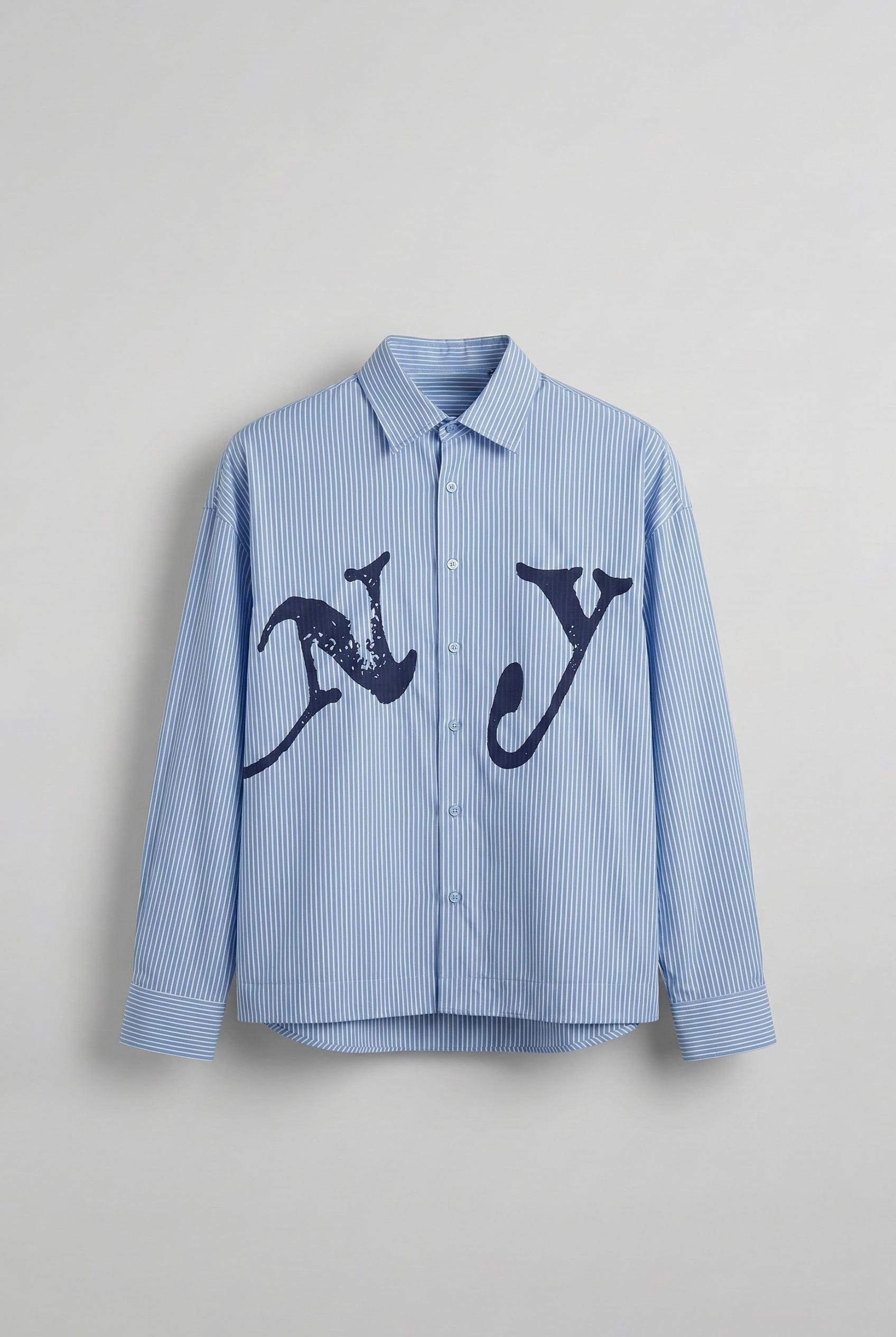 Erkek Oversize Çizgili Baskılı Gömlek Mavi