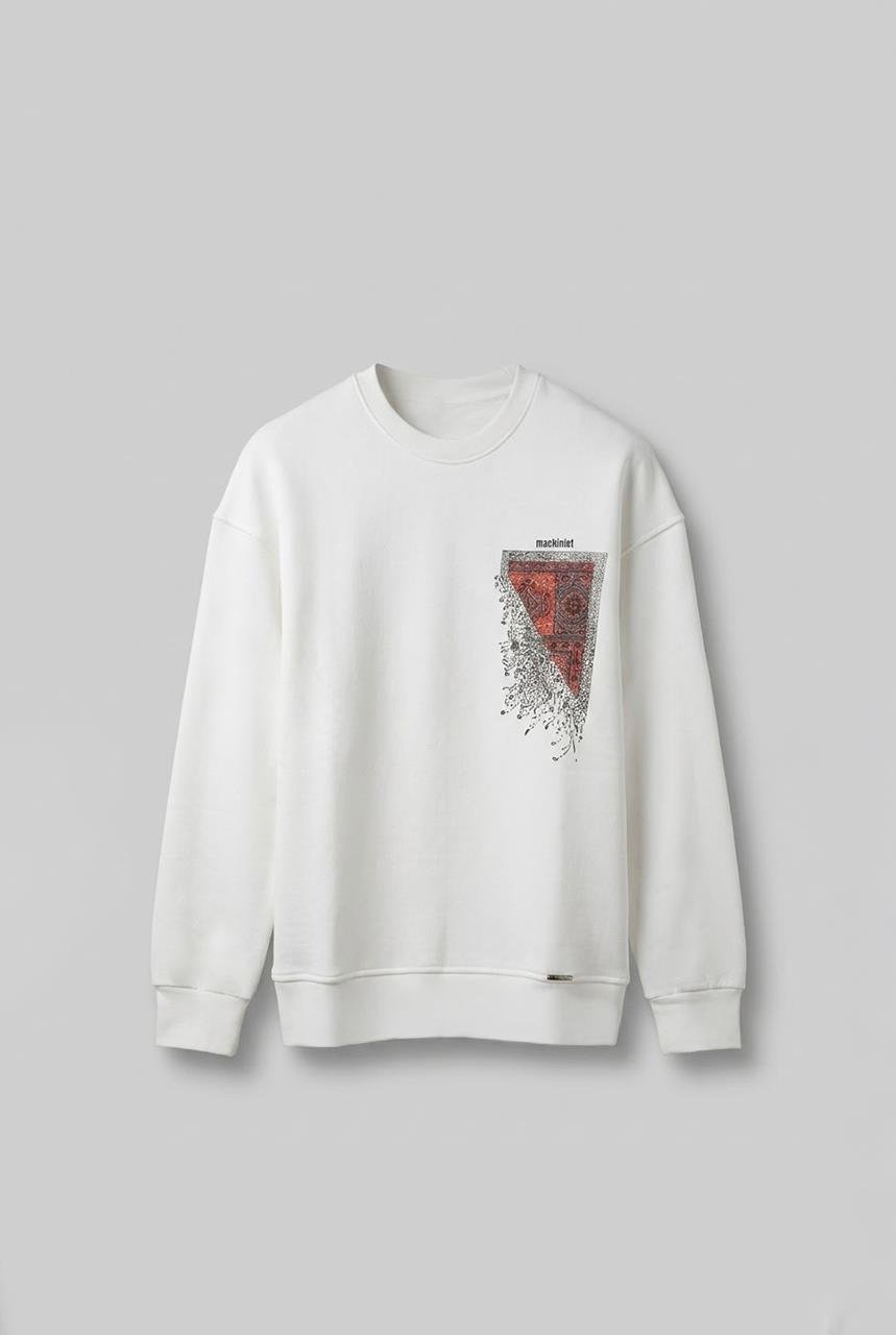 Erkek Oversize Desen Yamalı Sweatshirt Ekru