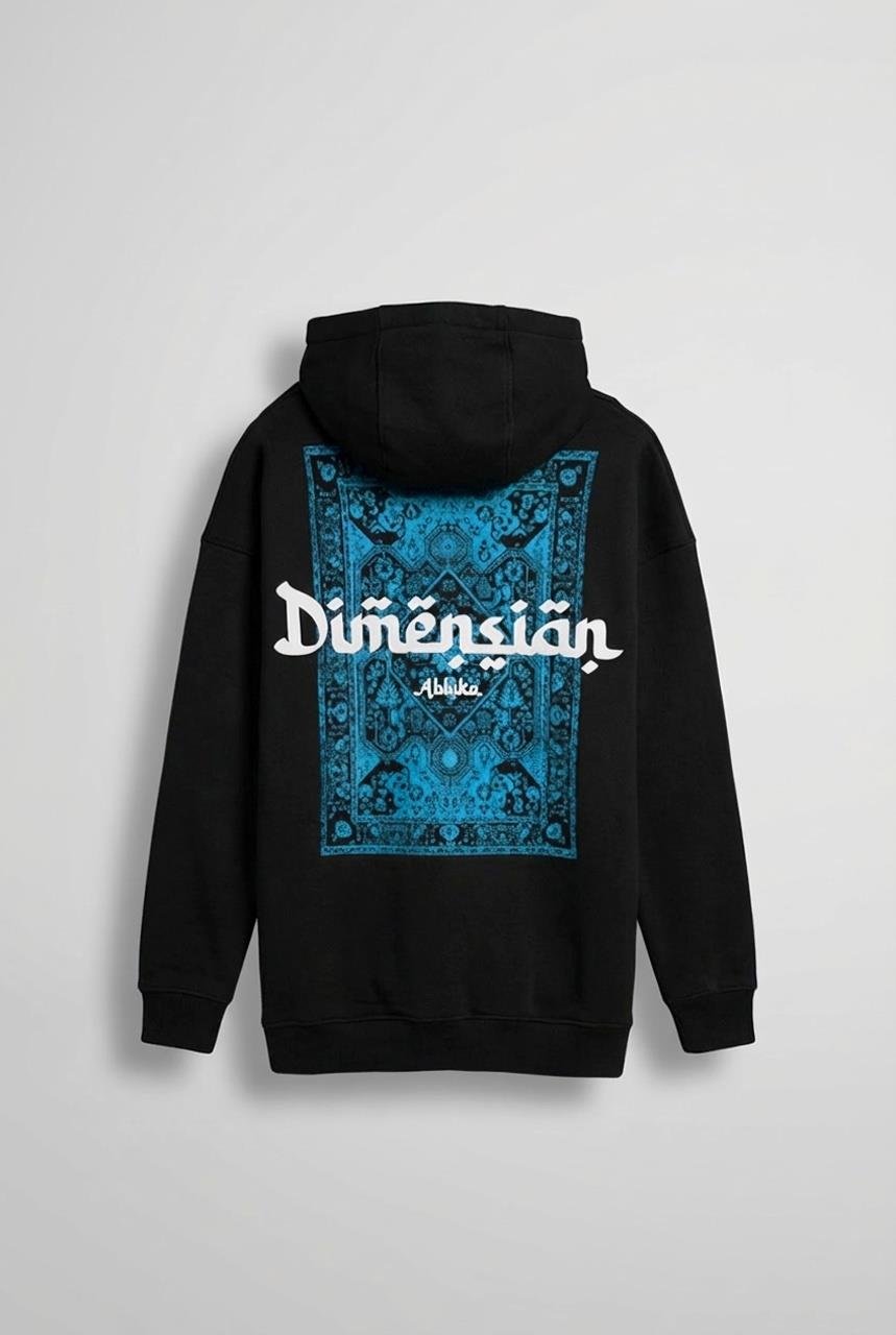 Erkek Oversize Dimension Baskılı Premium Kapüşonlu Sweatshirt Siyah Saks Mavi