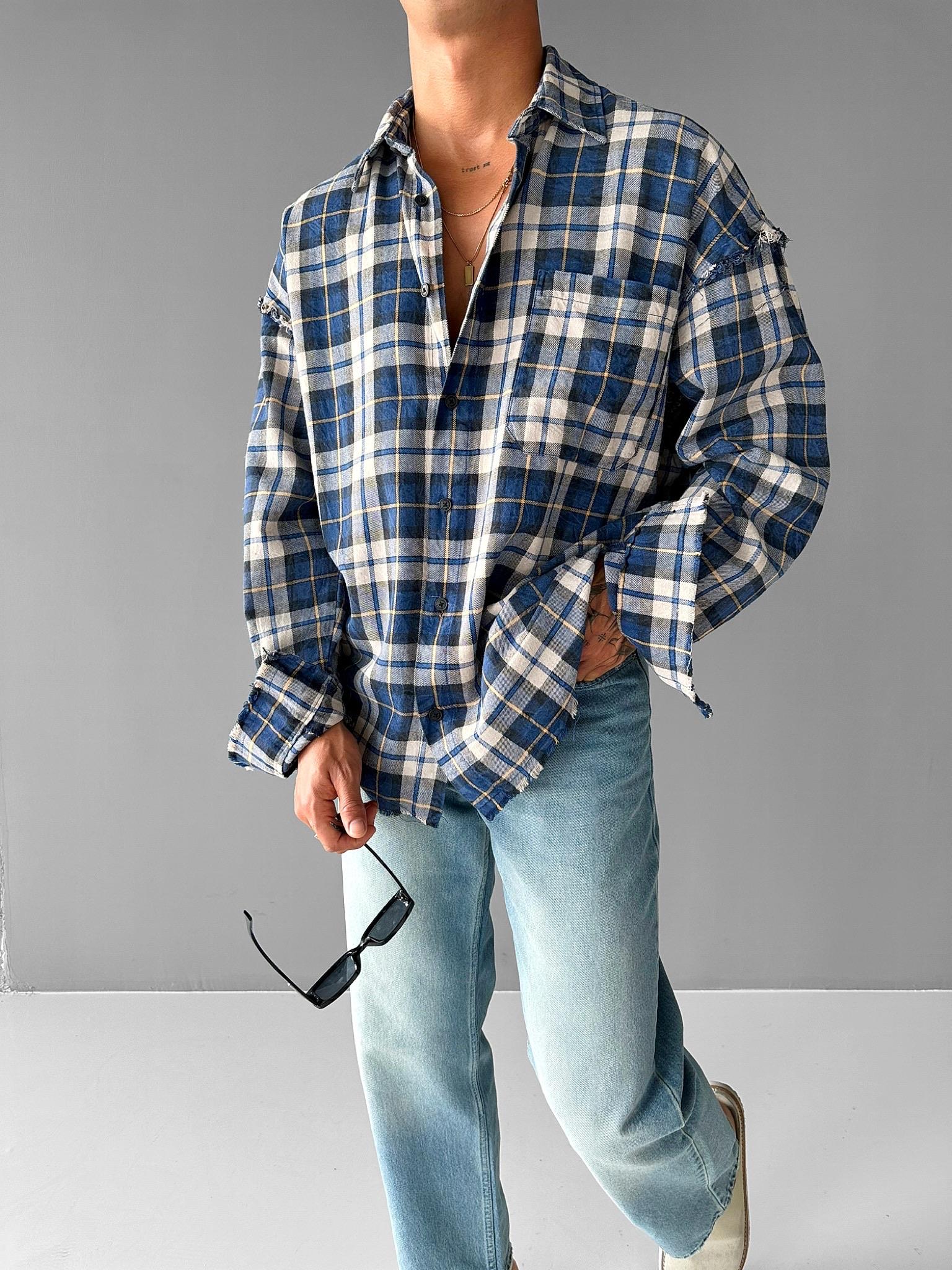 Erkek Oversize Ekose Çizgili Kareli Cepli Uzun Kollu Gömlek Mavi
