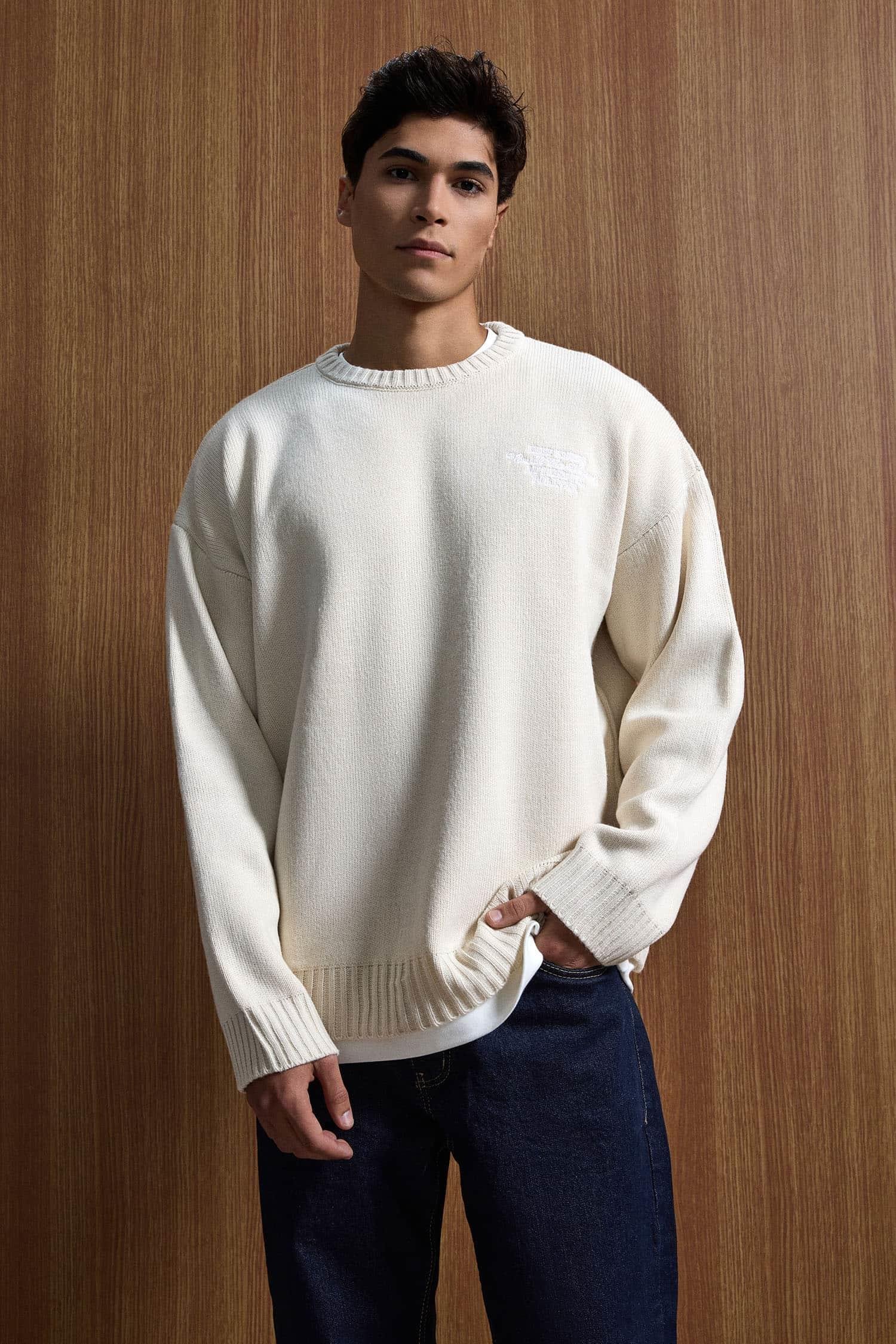 Erkek Oversize Essential Örme Kazak %100 Pamuk Bej