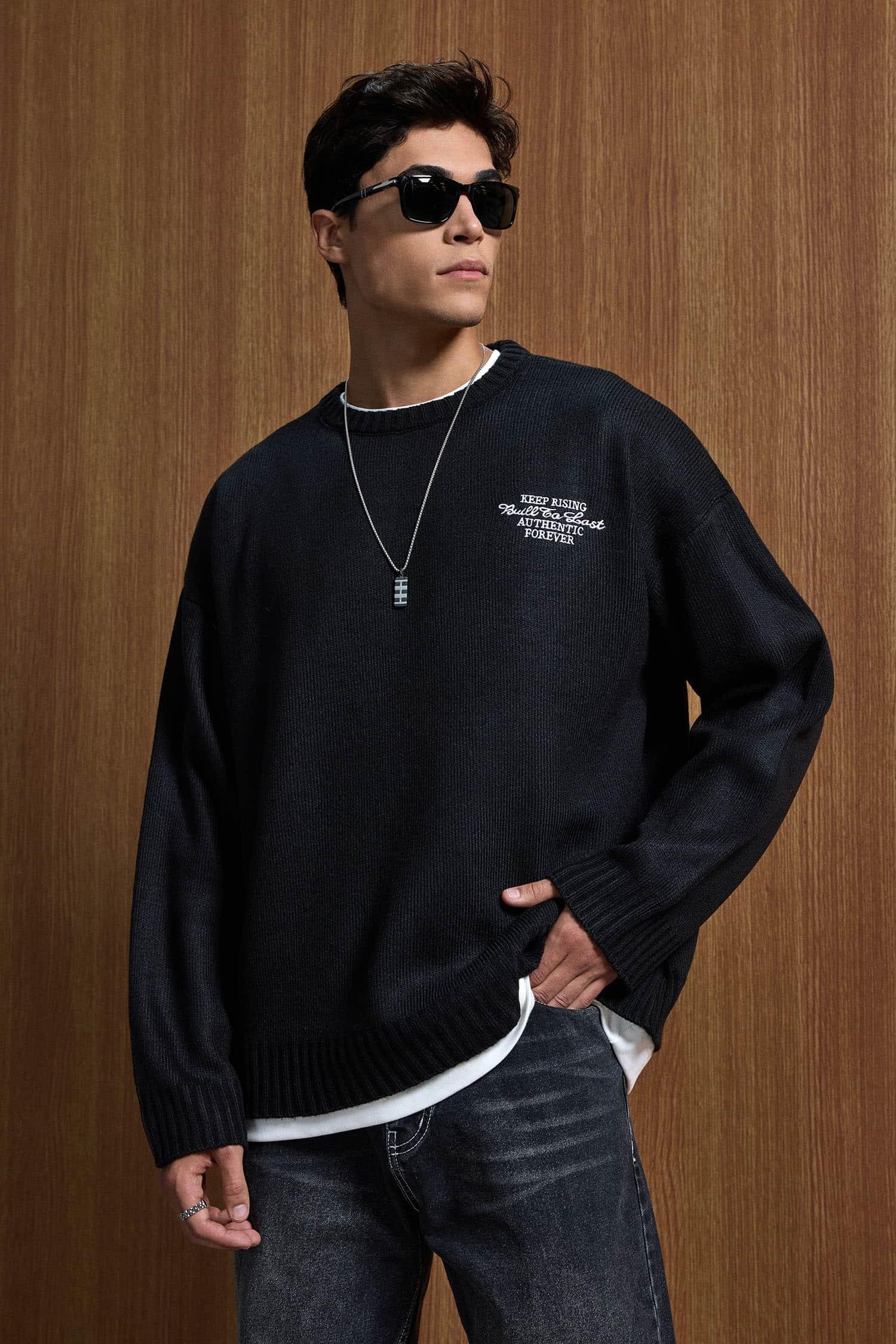 Erkek Oversize Essential Örme Kazak %100 Pamuk Siyah