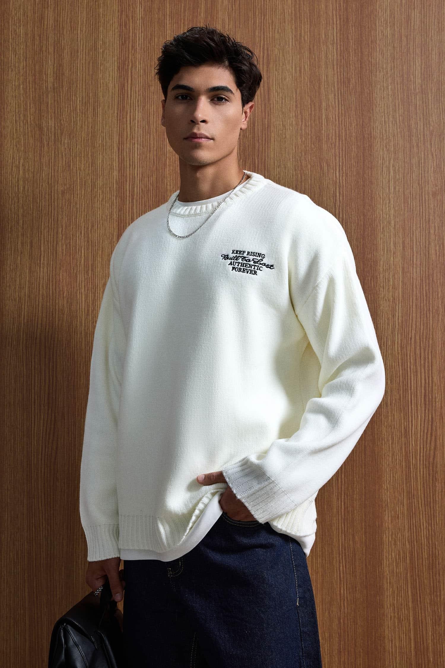 Erkek Oversize Essential Örme Kazak %100 Pamuk Ekru