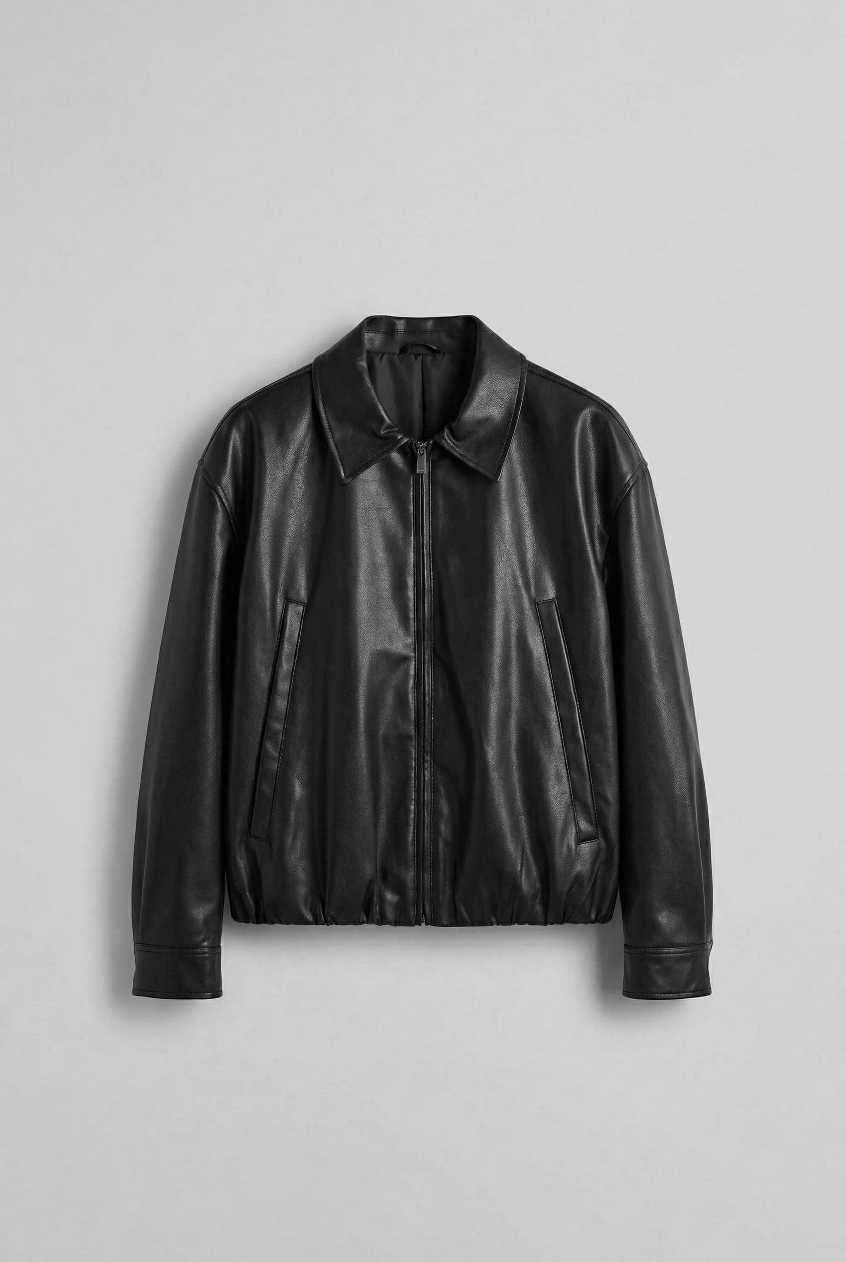 Erkek Oversize Fermuarlı Basic Deri Ceket Siyah