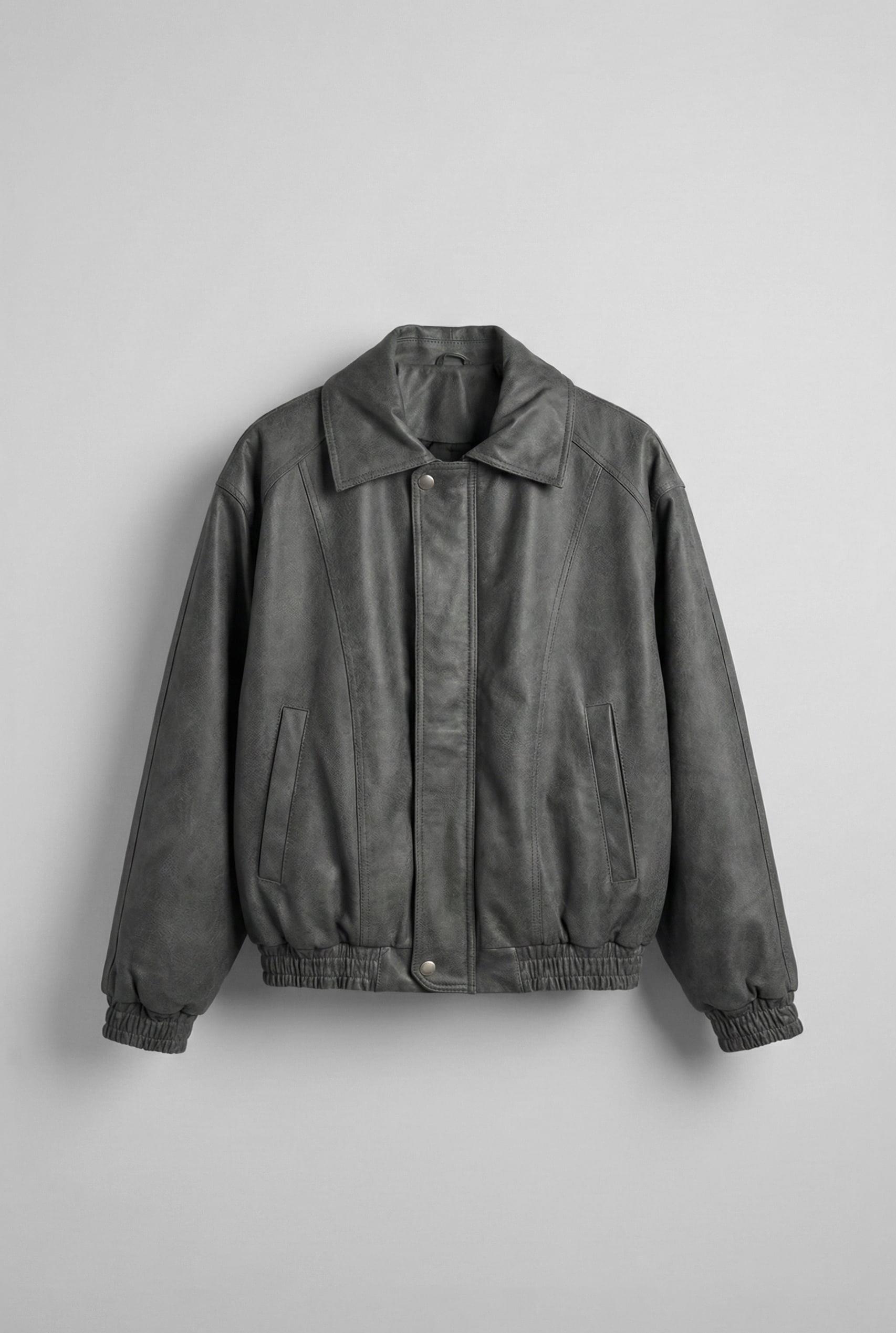 Erkek Oversize Fermuarlı Basic Deri Mont Gri