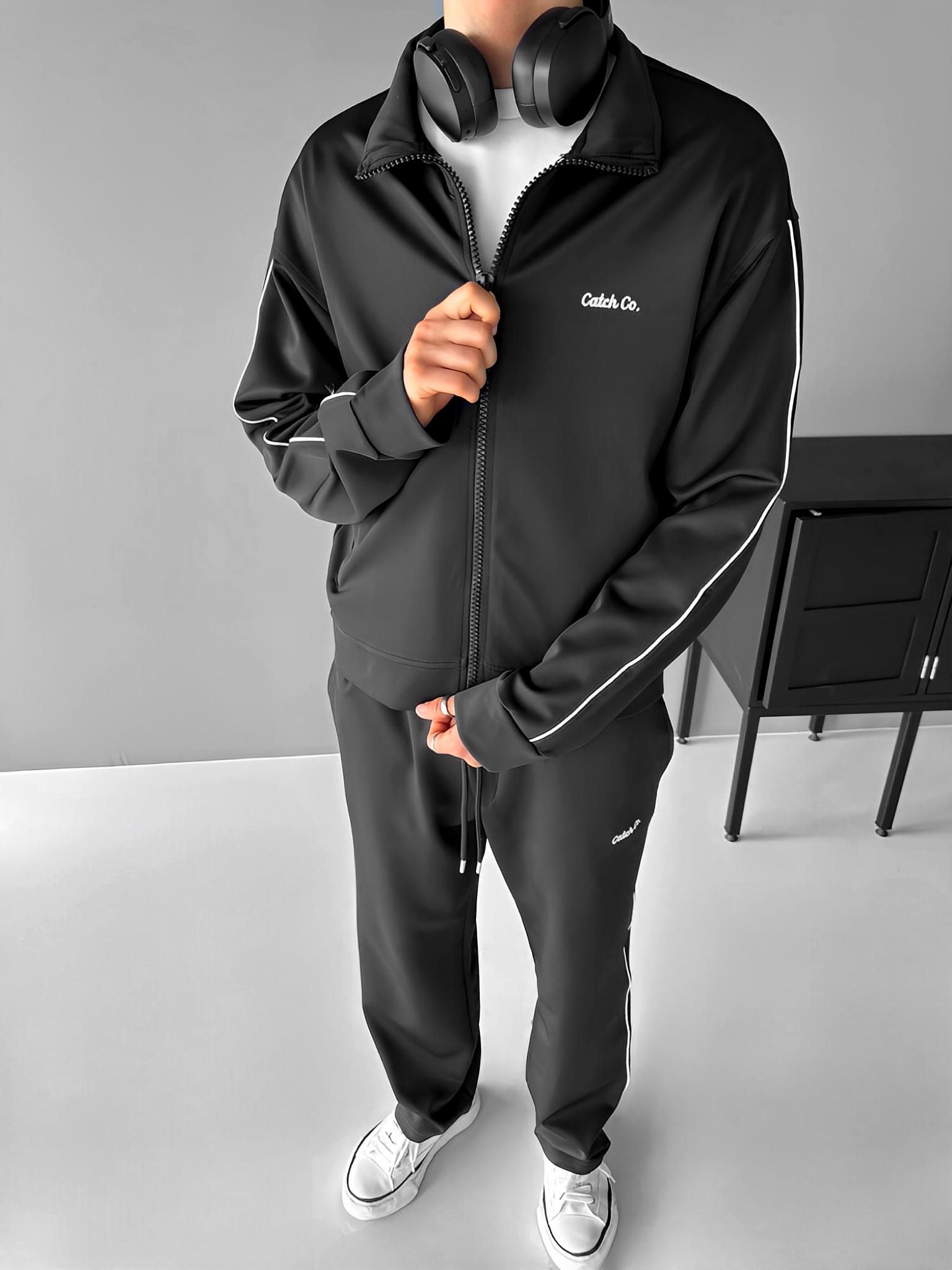 Erkek Oversize Fermuarlı Baskılı Sweatshirt Siyah