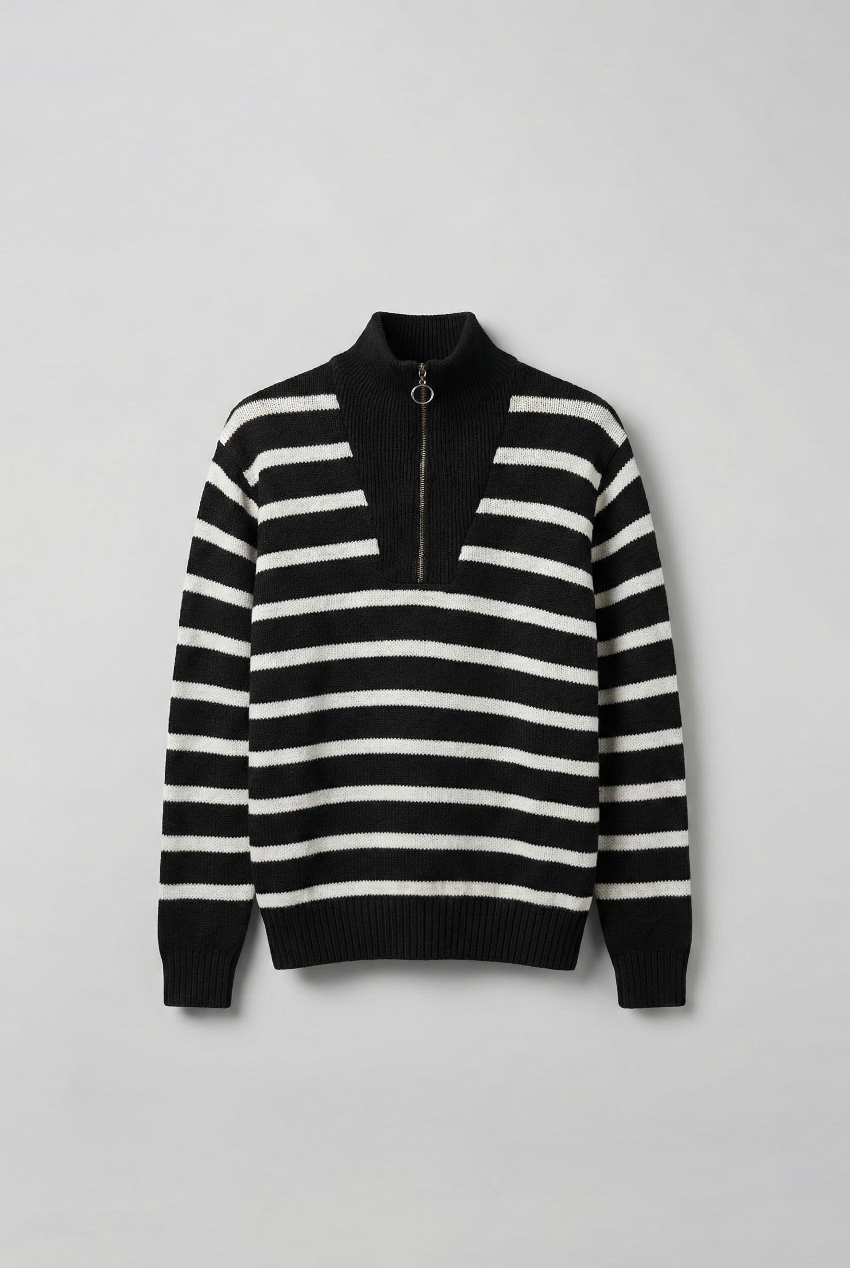 Erkek Oversize Fermuarlı Çizgili Kazak Siyah