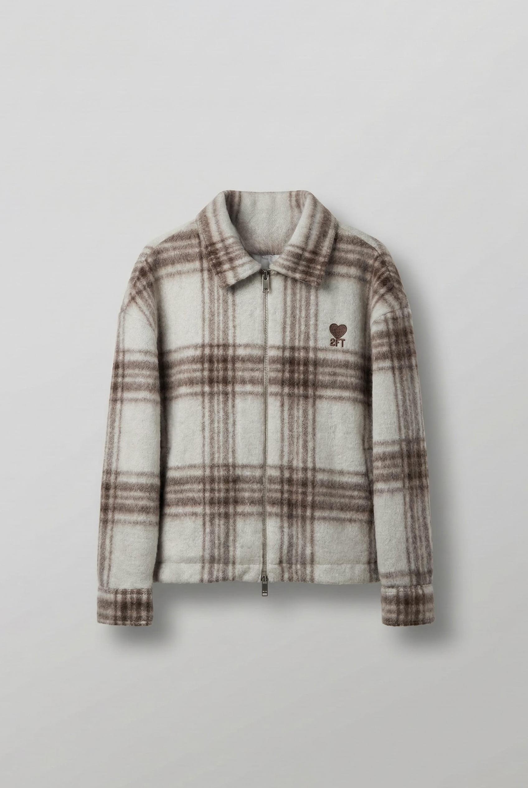 Erkek Oversize Fermuarlı Ekose Desenli Ceket Bej