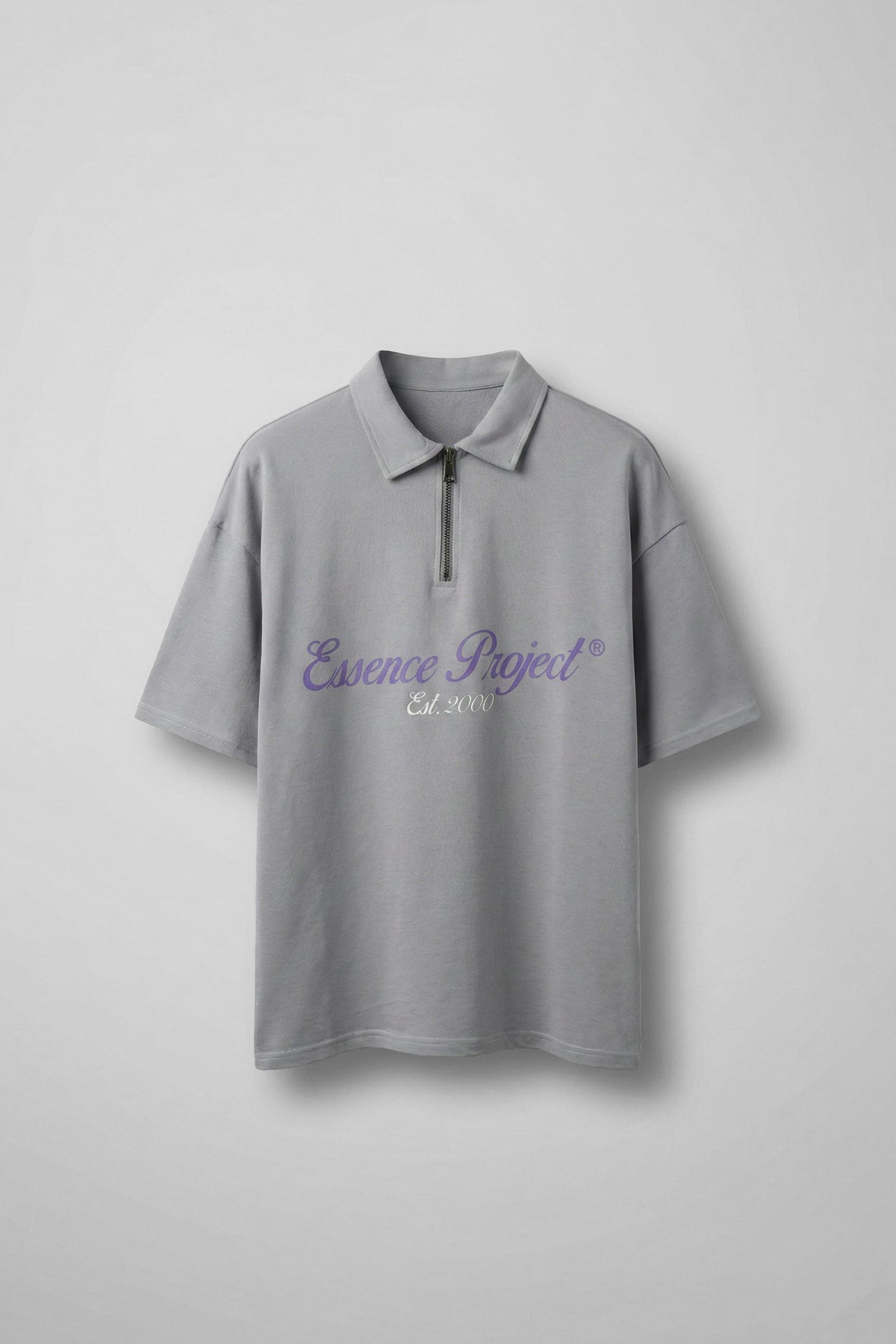 Erkek Oversize Fermuarlı Polo Yaka Baskılı T-Shirt Açık Gri