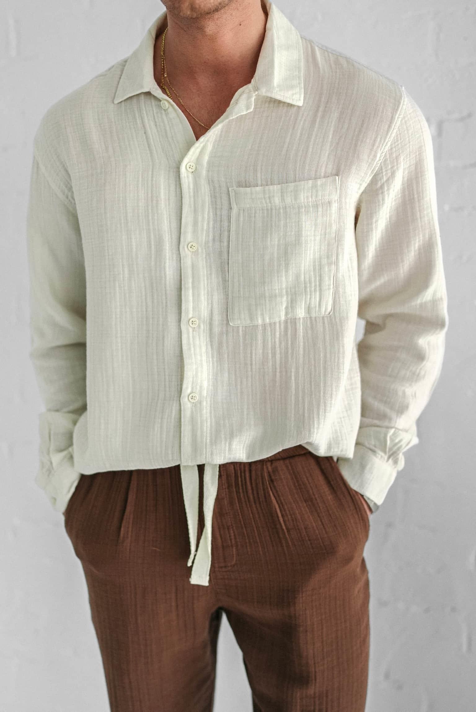 Erkek Oversize Fit Uzun Kollu Müslin Gömlek Bej