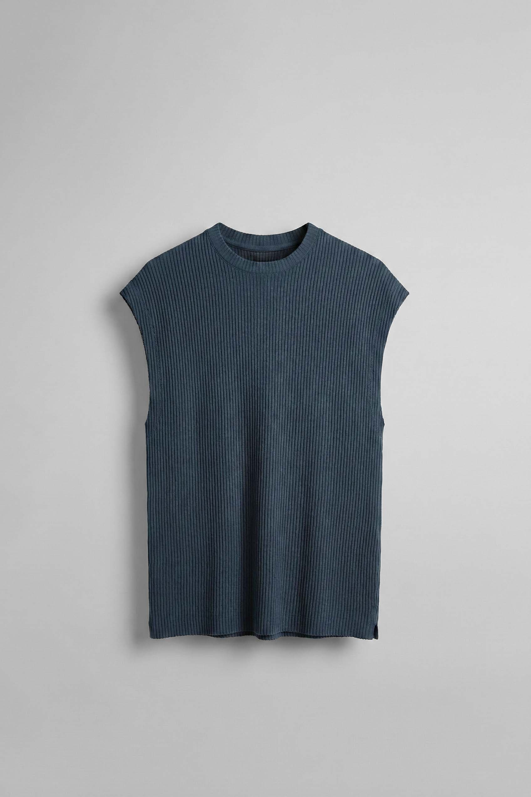 Erkek Oversize Fitilli Kolsuz T-Shirt Petrol Mavi