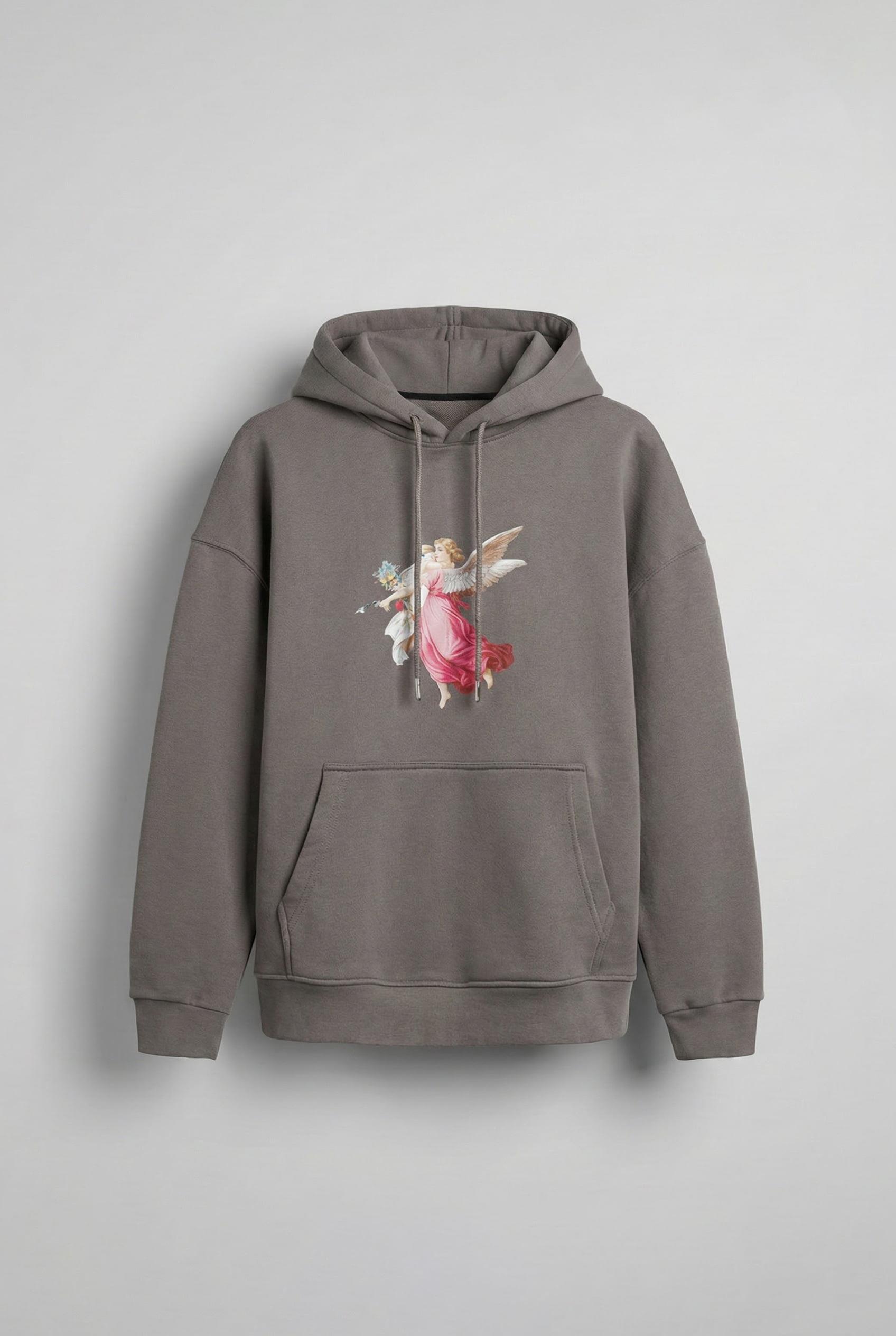 Erkek Oversize 'Hero Angel' Baskılı Sweatshirt Gri