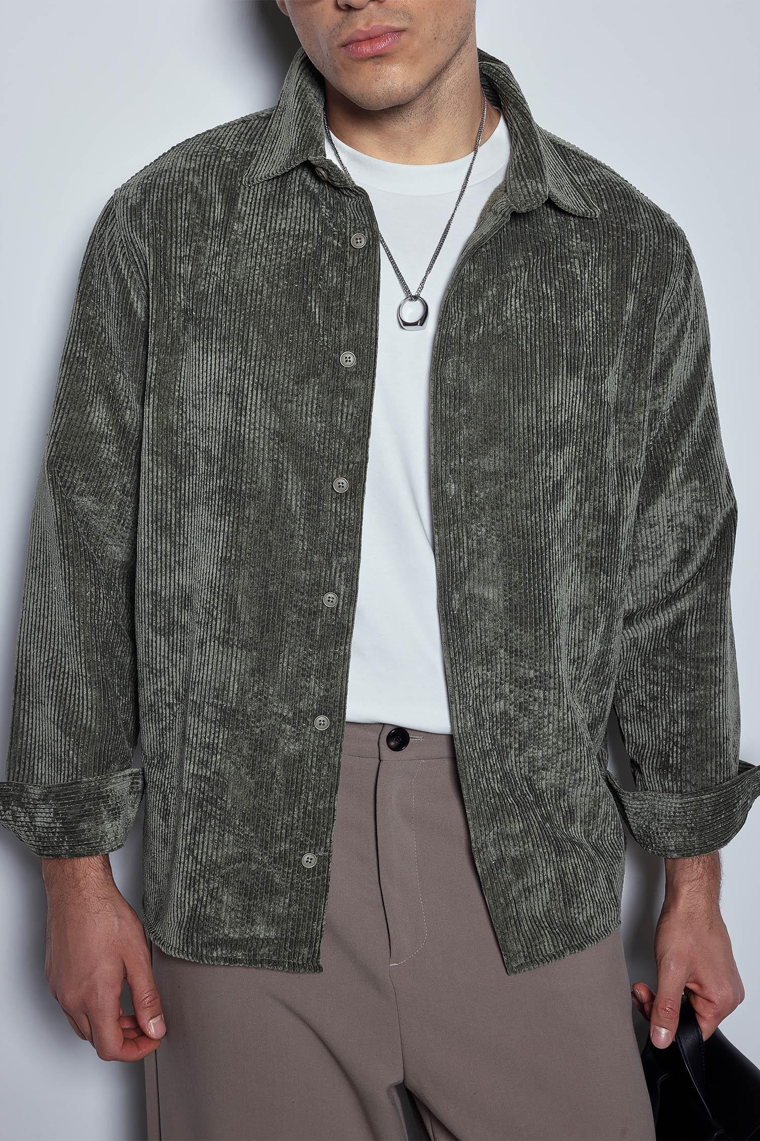 Erkek Oversize Kadife Dokulu Uzun Kollu Gömlek Haki Yeşil