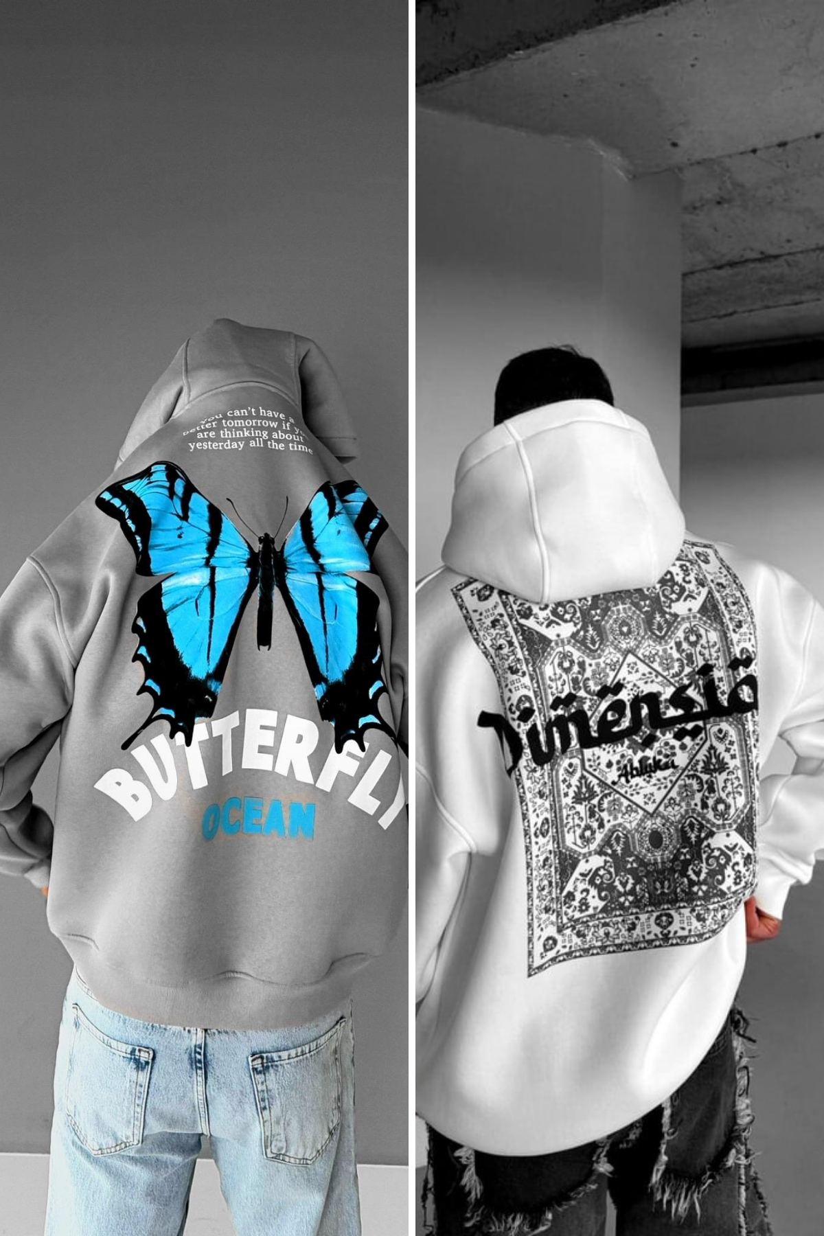 Erkek Oversize Kapüşonlu Baskılı 2'Li Hoodie Gri-Beyaz