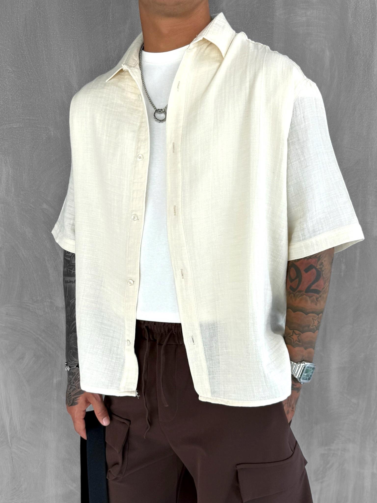 Erkek Oversize Kısa Kollu Müslin Gömlek Bej