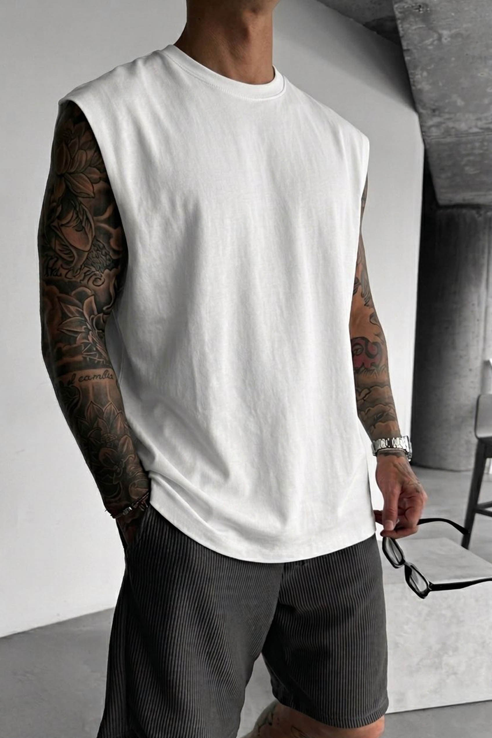 Erkek Basketçi Model Oversize Kolsuz T-Shirt Beyaz