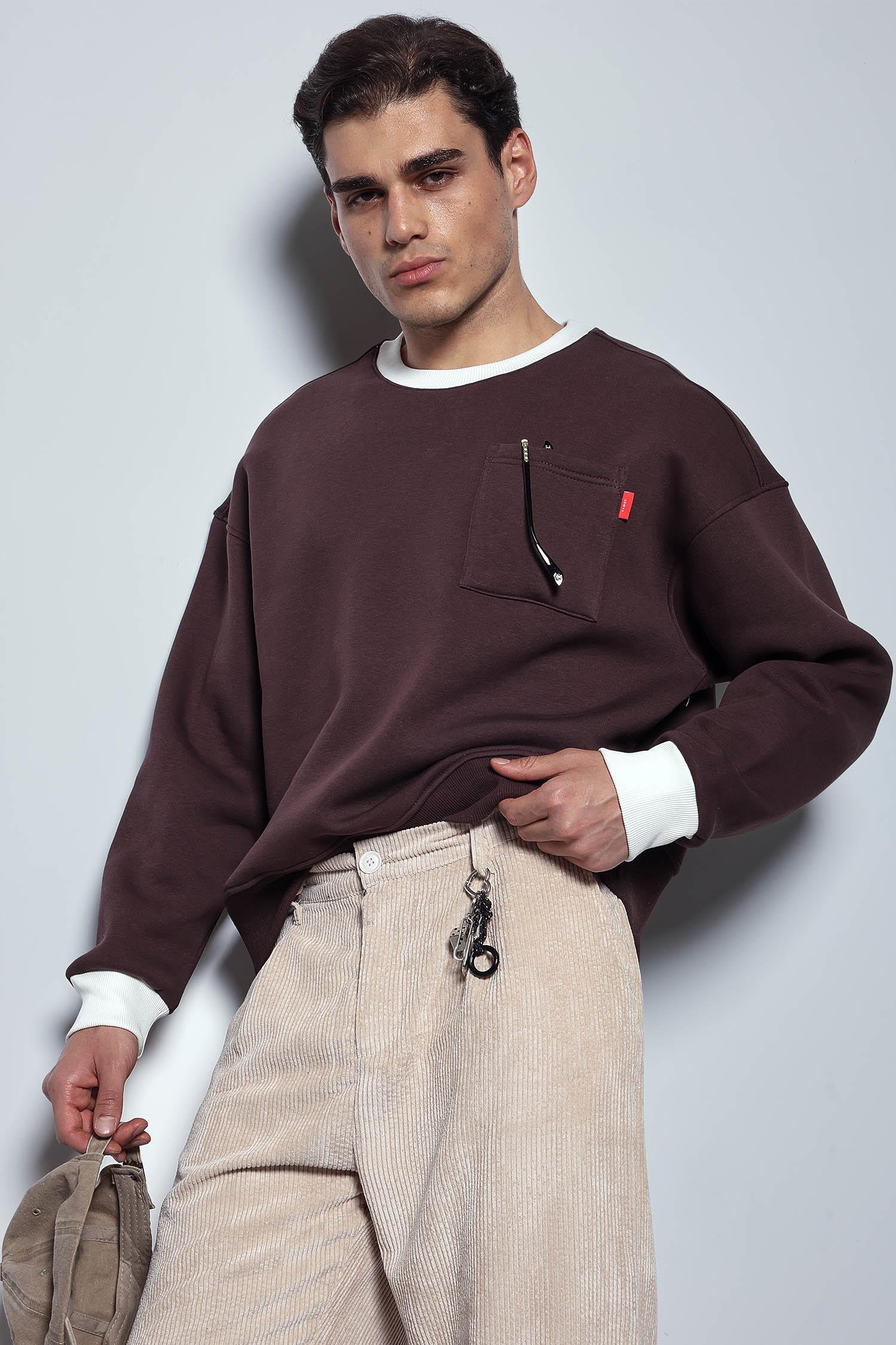 Erkek Oversize Kontrast Detaylı Sweatshirt Kahverengi