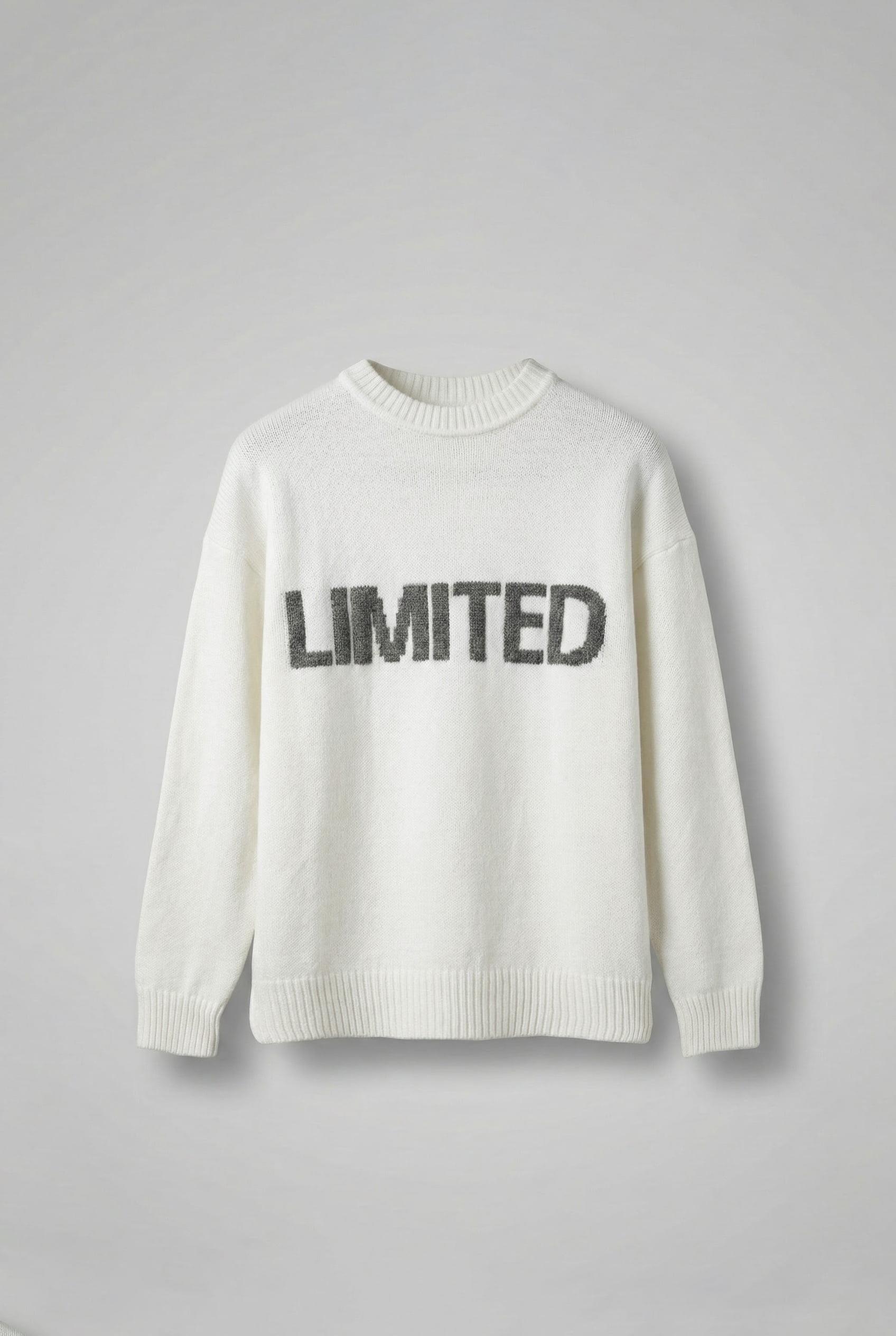 Erkek Oversize Limited Kabartma Baskılı Triko Kazak Ekru