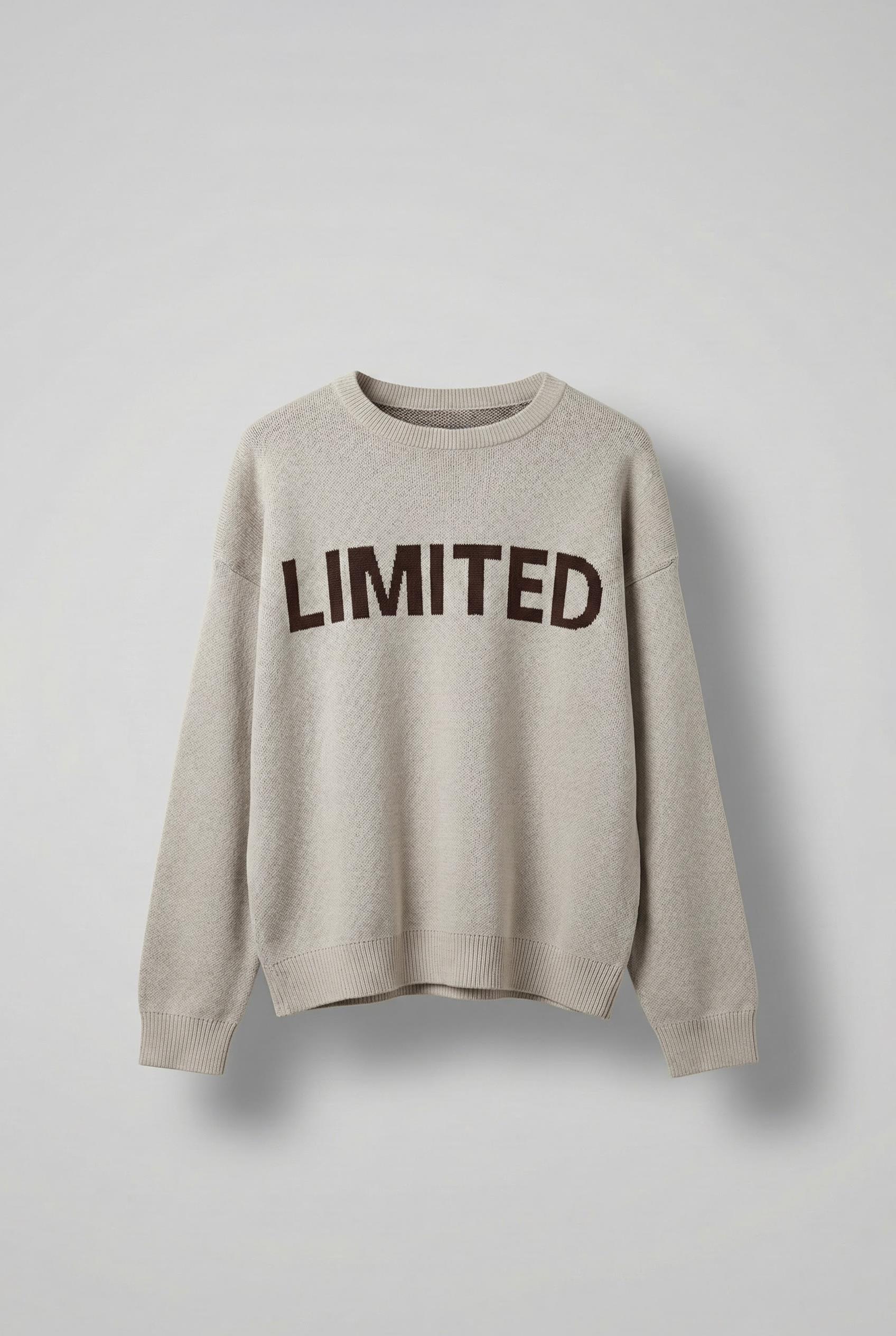 Erkek Oversize Limıted Yazılı Triko Kazak Taş Rengi