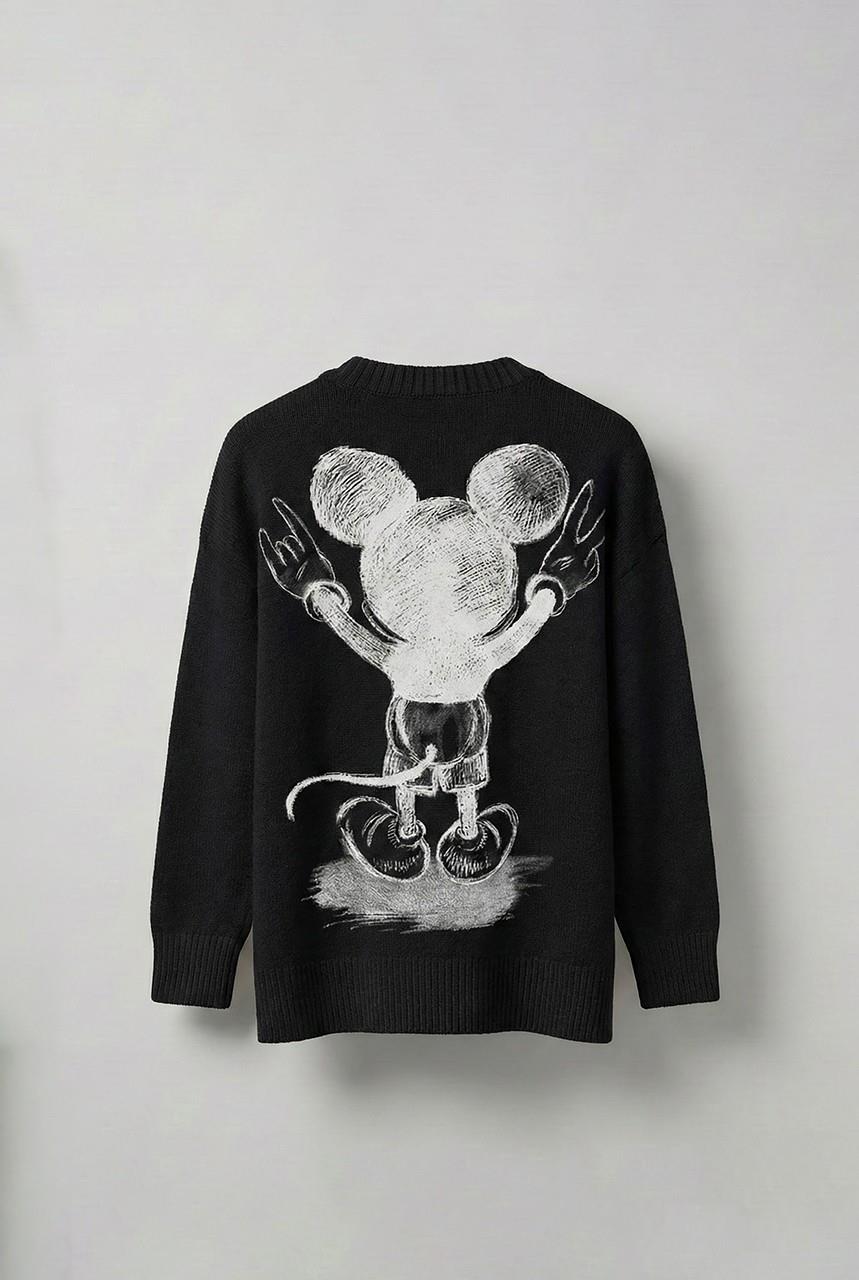 Erkek Oversize Mickey Mouse Kabartma Baskılı Kazak Siyah