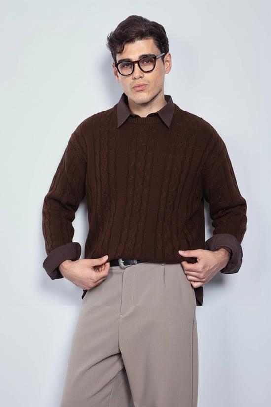 Erkek Oversize Örgü Desenli Triko Kazak Kahverengi