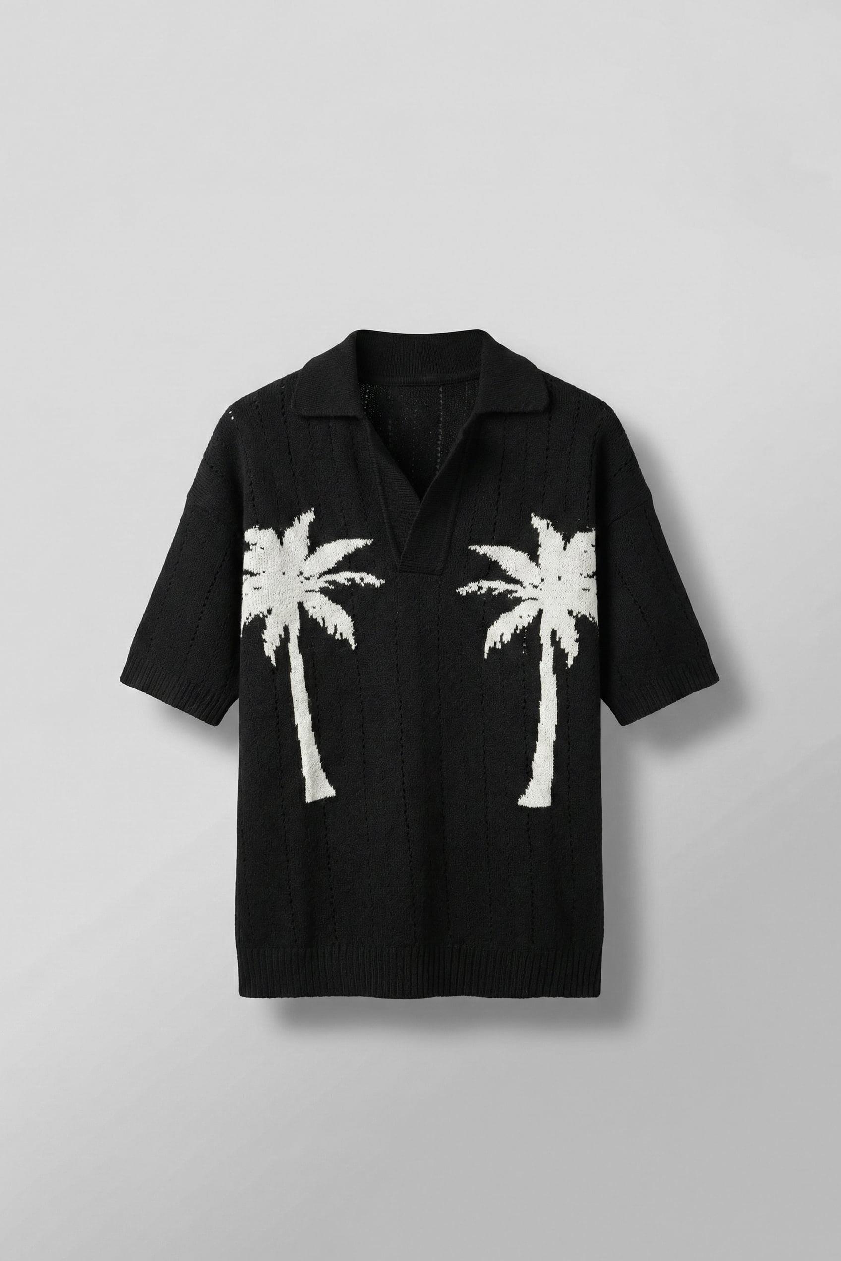 Erkek Oversize Palmiye Desenli Triko T-Shirt Siyah