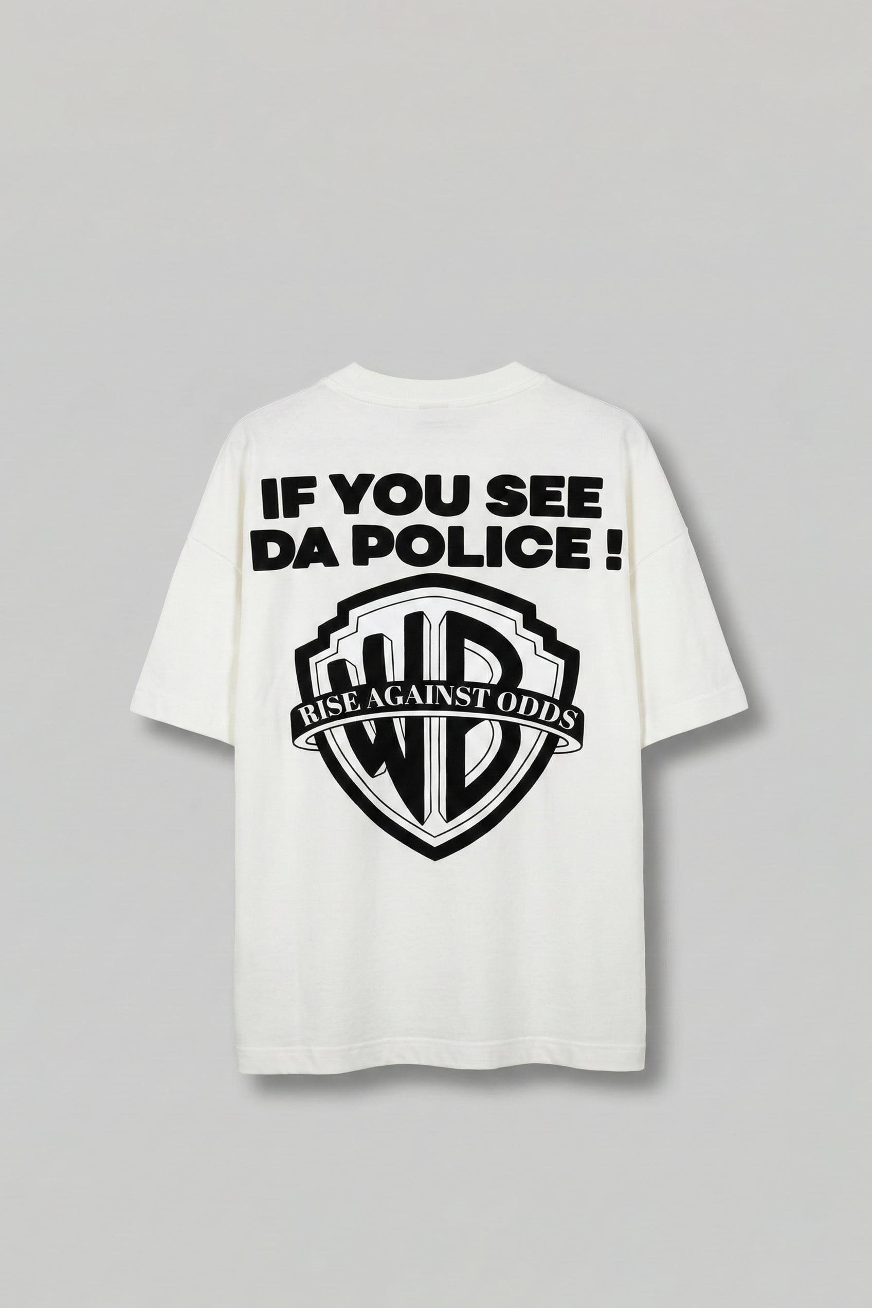 Erkek Oversize 'Police!' Baskılı İki İplik T-Shirt Beyaz