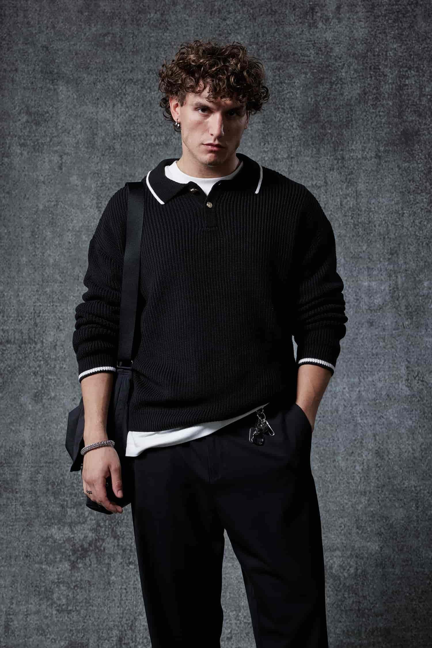 Erkek Oversize Polo Yaka Kontrast Detaylı Triko Kazak Siyah