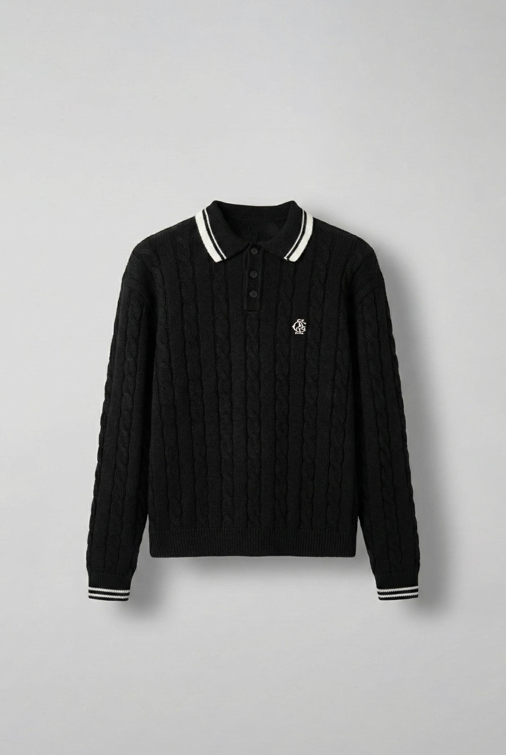 Erkek Oversize Polo Yaka Örgü Desenli Triko Kazak Siyah