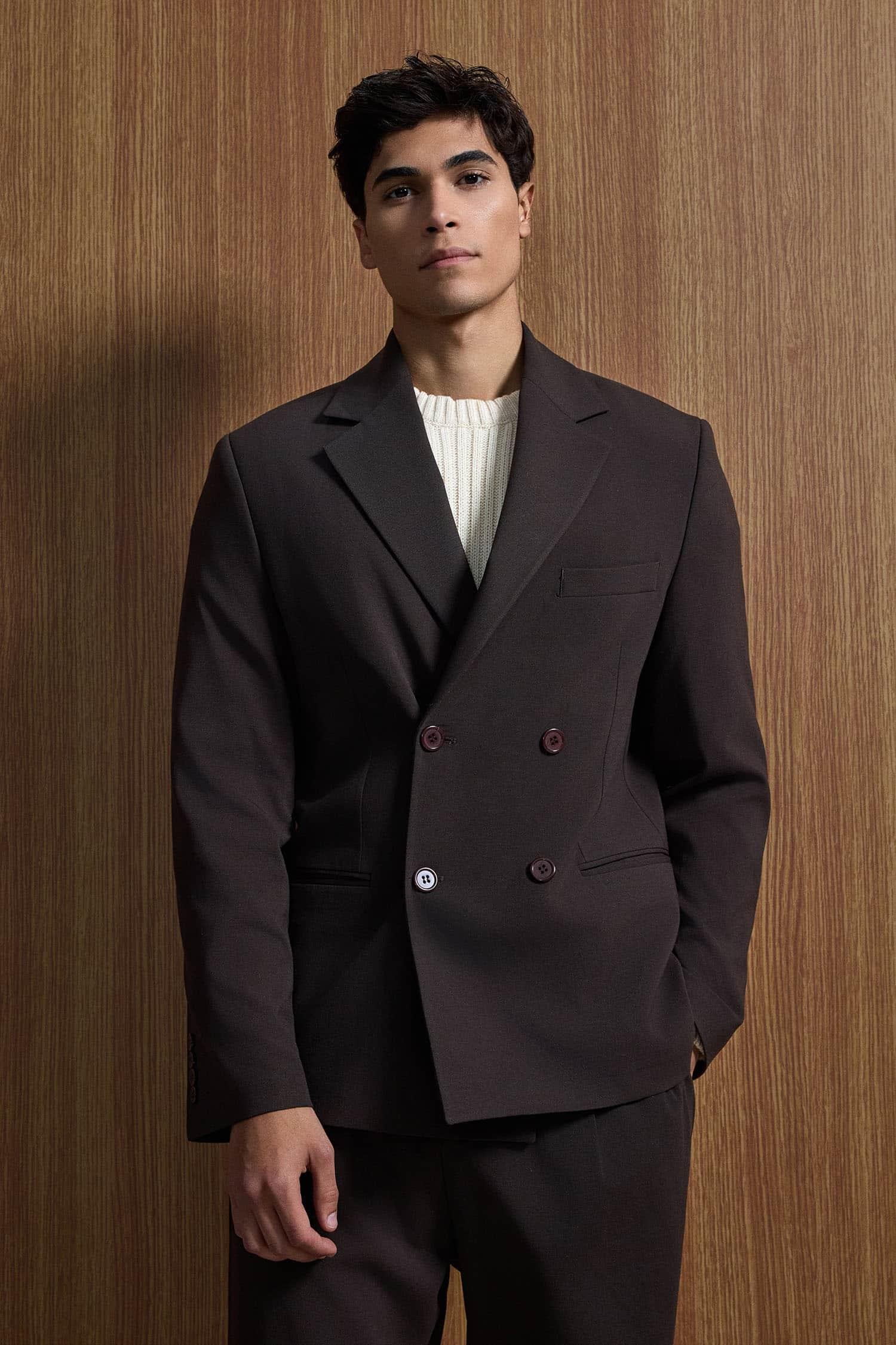 Erkek Oversize Rahat Kalıp Kruvaze Takım Elbise Kahve