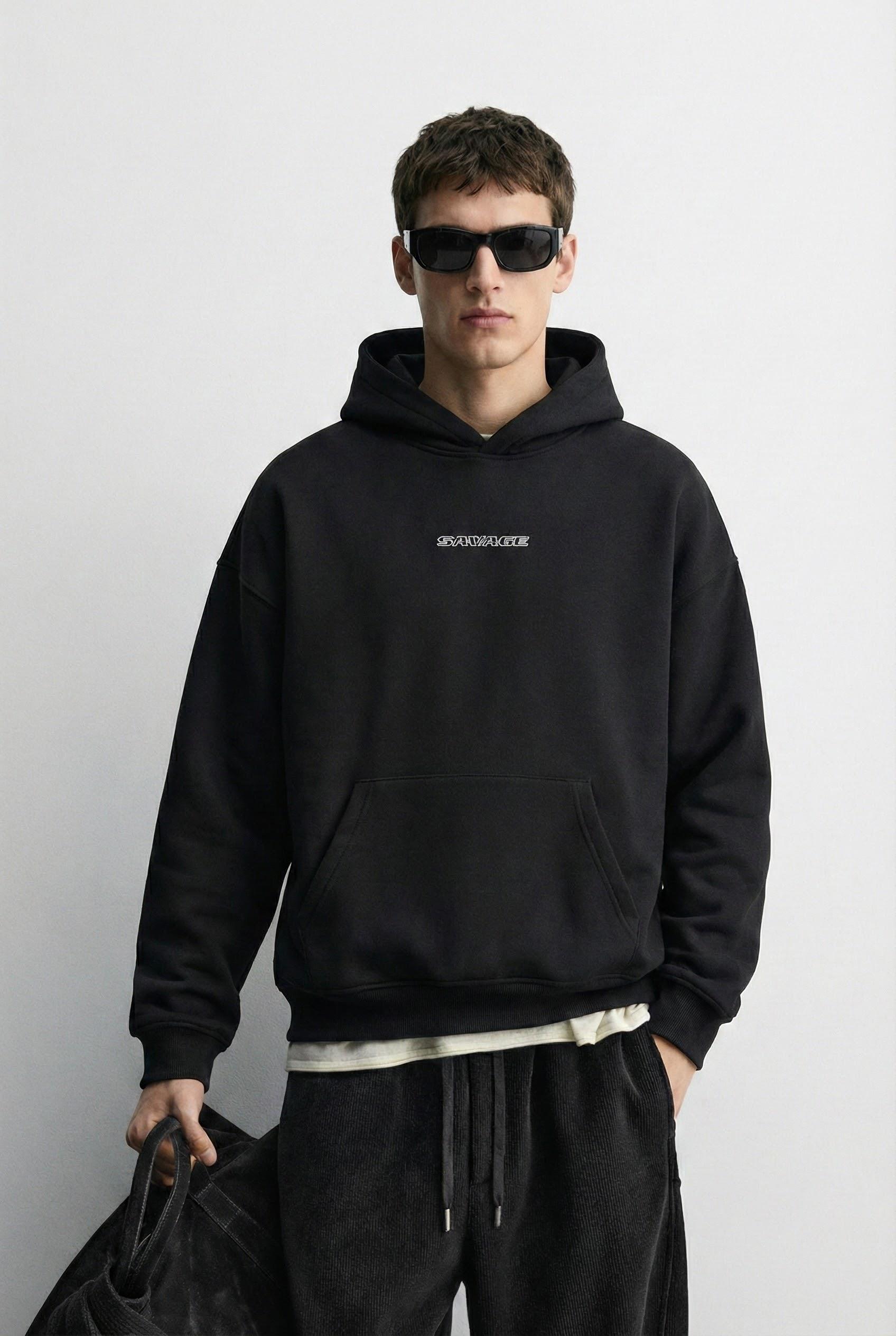 Erkek Oversize Savage Baskılı Premium Kapüşonlu Sweatshirt Siyah