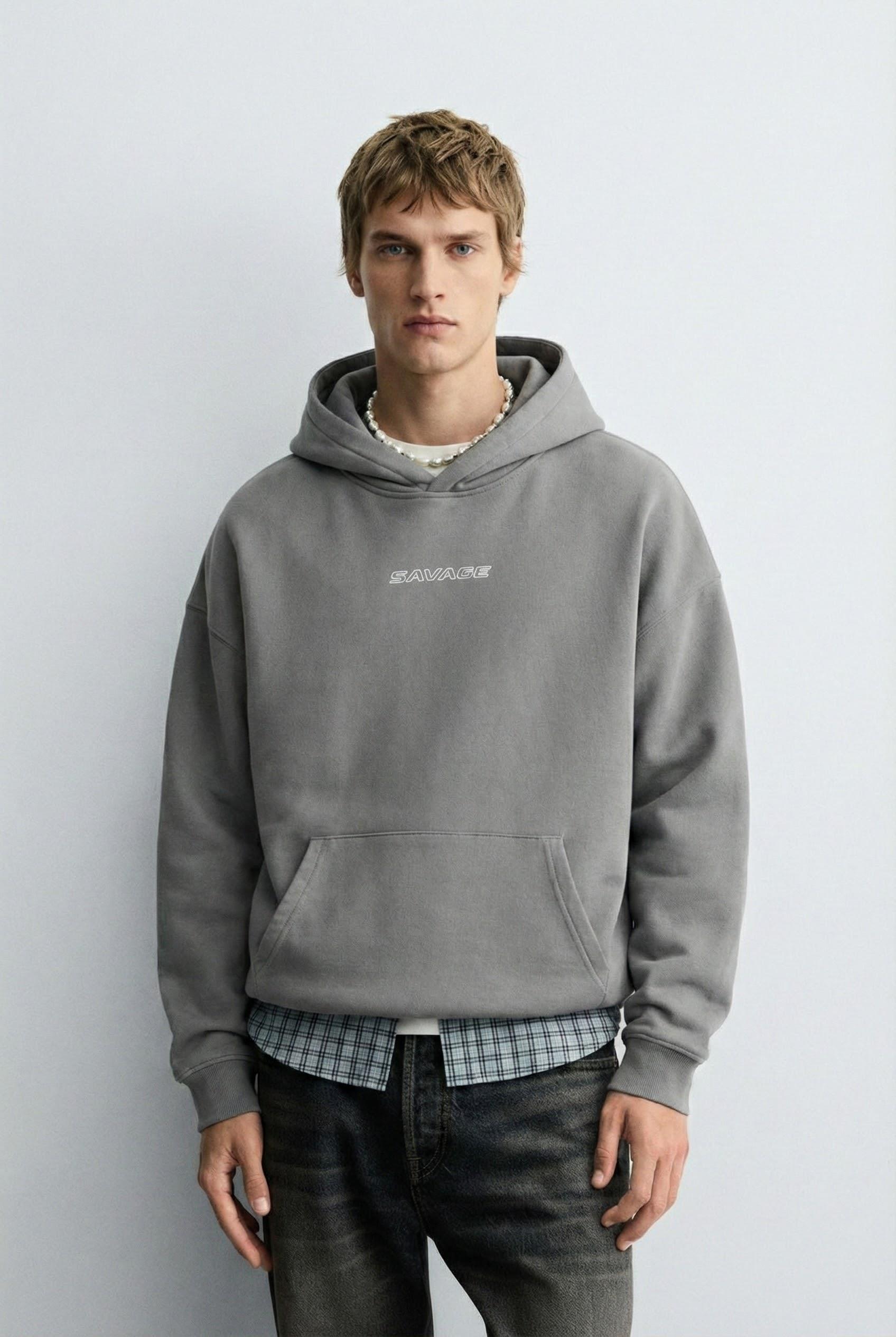 Erkek Oversize Savage Baskılı Premium Kapüşonlu Sweatshirt Gri